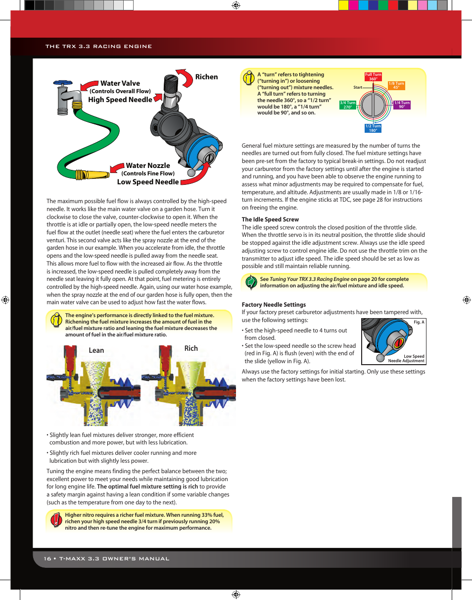 Water valve, High speed needle water nozzle, Low speed needle richen lean rich | Traxxas 49077 User Manual | Page 16 / 32