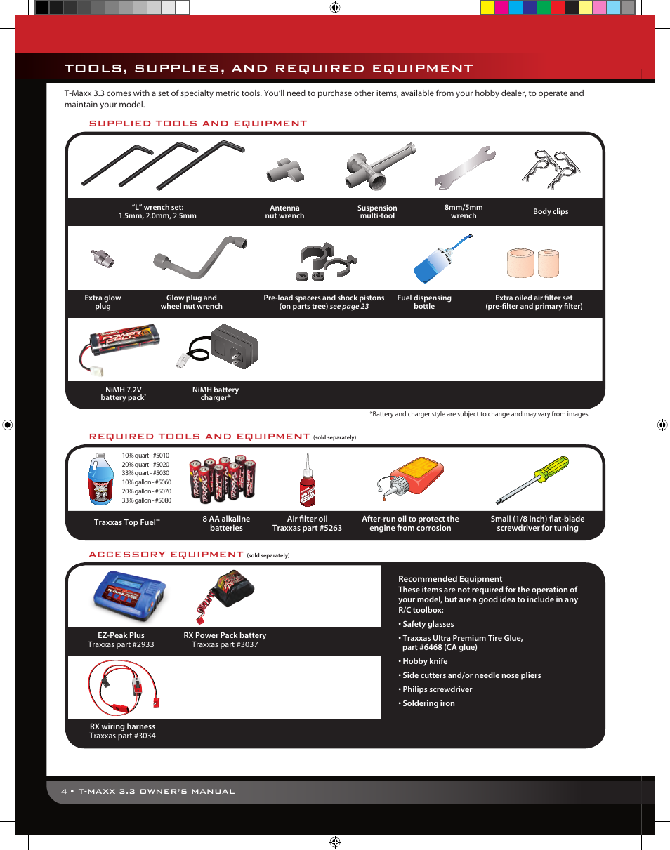 Tools, supplies, and required equipment, Accessory equipment | Traxxas 49077 User Manual | Page 4 / 32