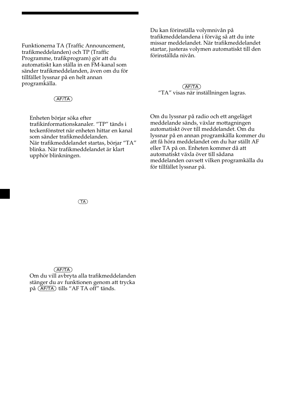 20 lyssna på trafikmeddelanden | Sony CDX-M700R User Manual | Page 104 / 212