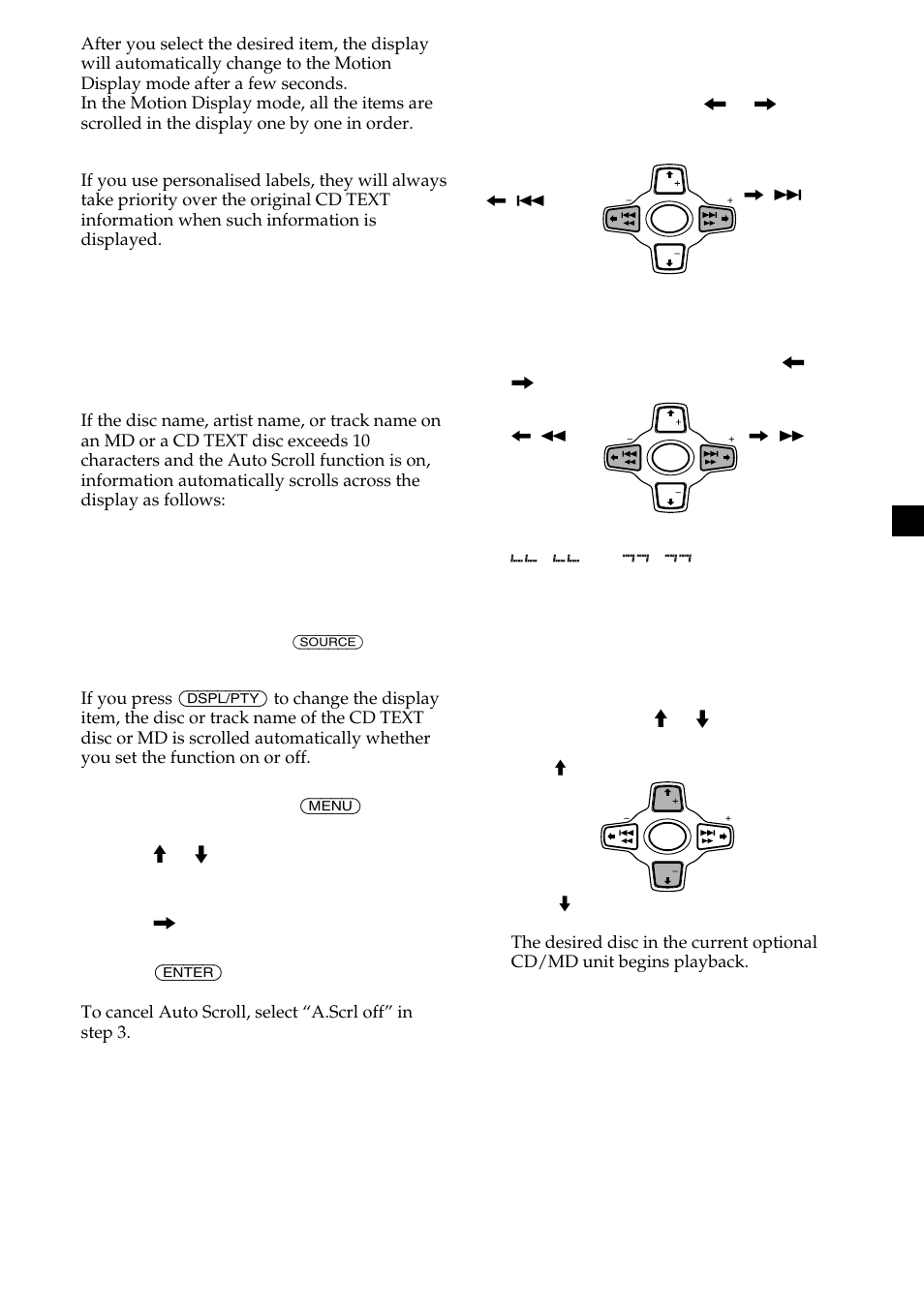 Automatically scrolling a disc name — auto scroll, Locating a disc — disc selection | Sony CDX-M700R User Manual | Page 11 / 212