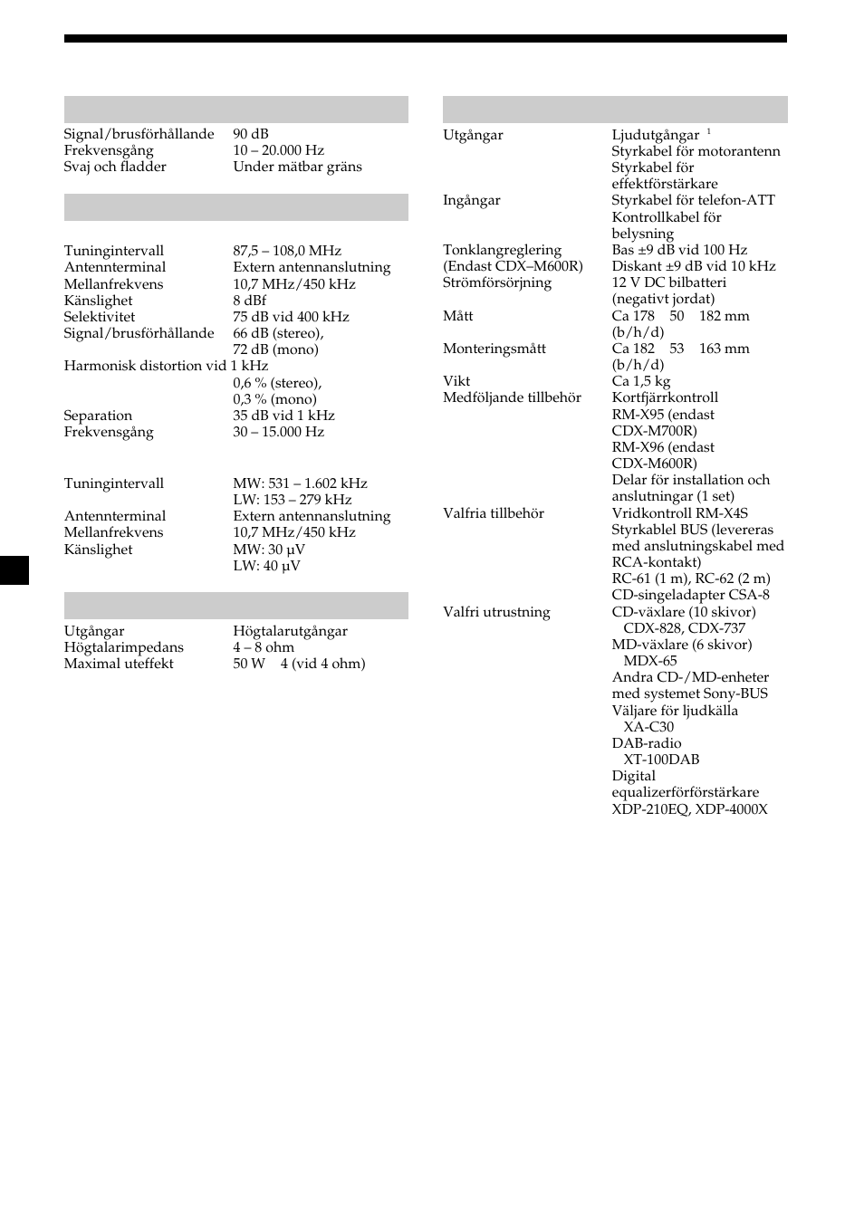 40 tekniska data, Cd-spelare, Radio | Effektförstärkare, Allmänt | Sony CDX-M700R User Manual | Page 124 / 212