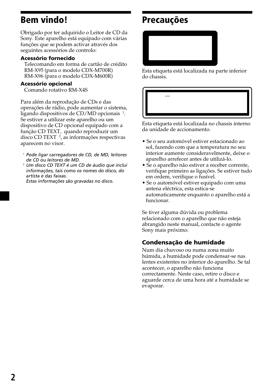 2bem vindo, Precauções, Class product laser 1 | Sony CDX-M700R User Manual | Page 128 / 212