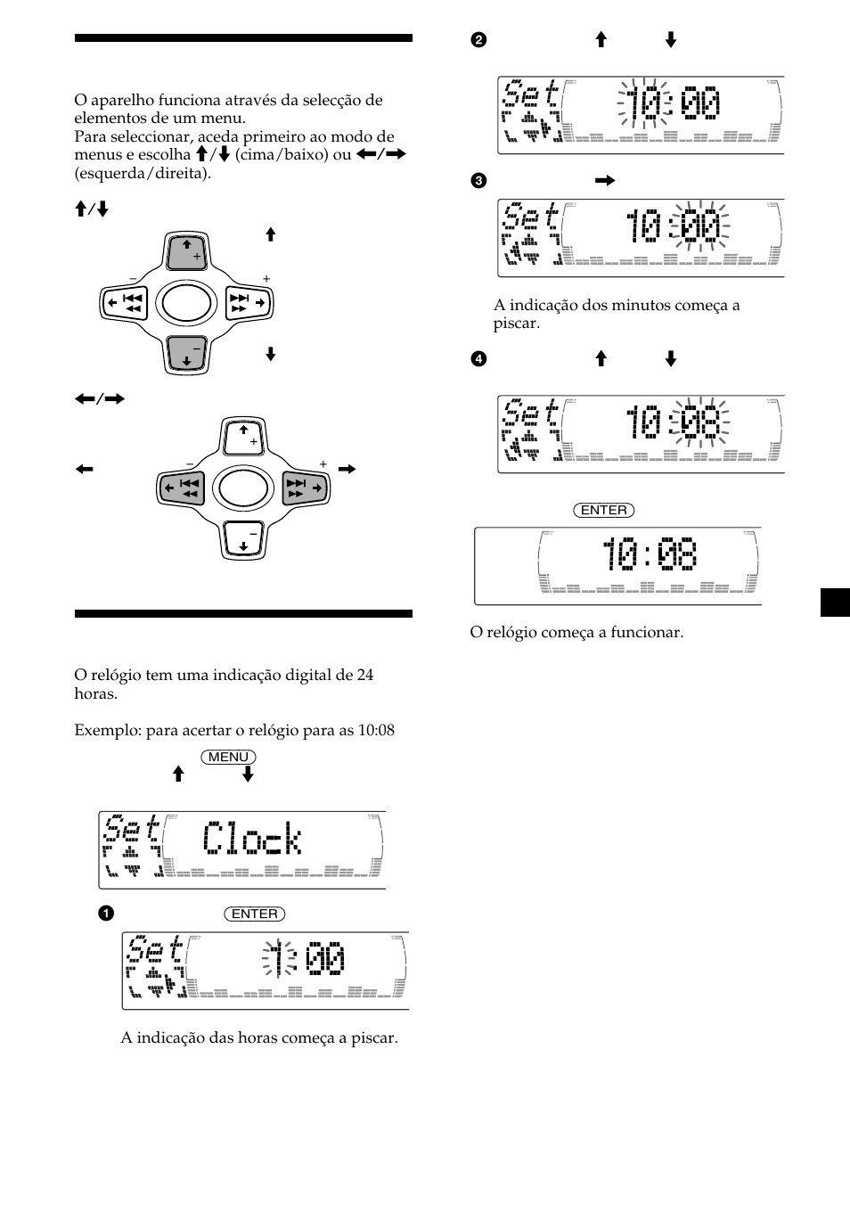 Como utilizar o menu, Acertar o relógio | Sony CDX-M700R User Manual | Page 135 / 212