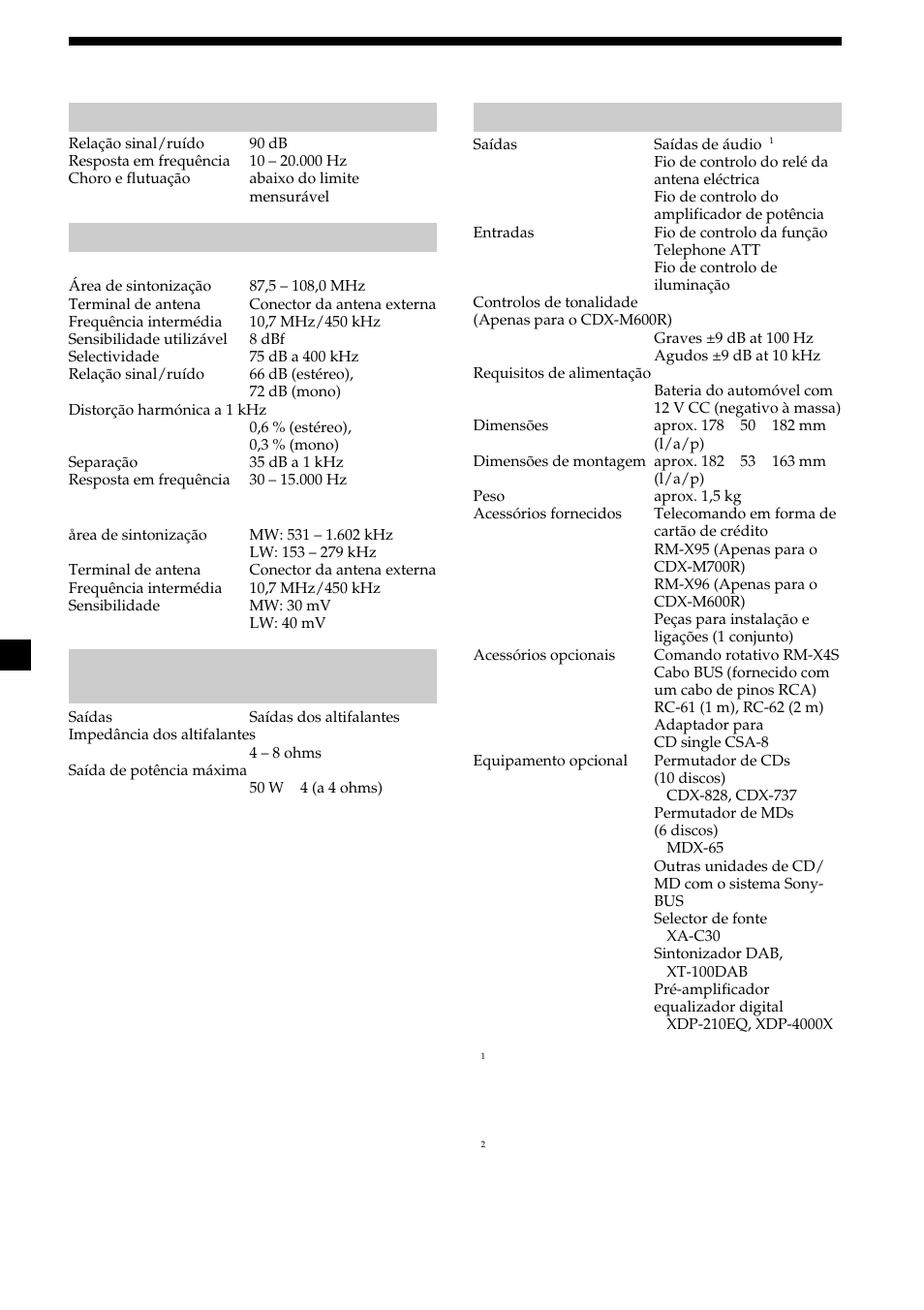 40 especificações, Secção do leitor de cd, Secção do sintonizador | Secção do amplificador de potência, Geral | Sony CDX-M700R User Manual | Page 166 / 212