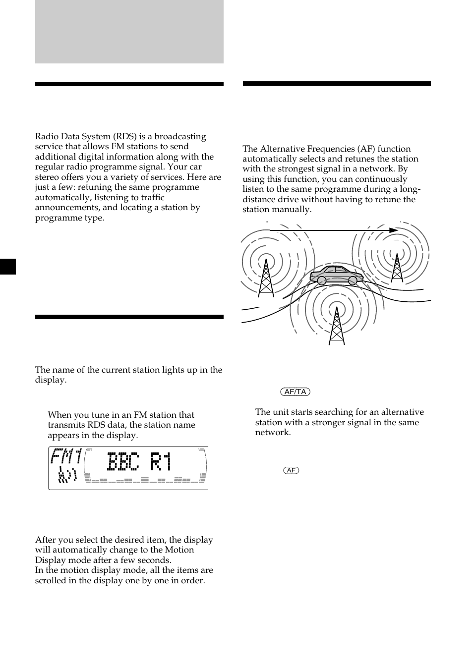 Overview of the rds function, Displaying the station name, Retuning the same programme automatically | Sony CDX-M700R User Manual | Page 18 / 212