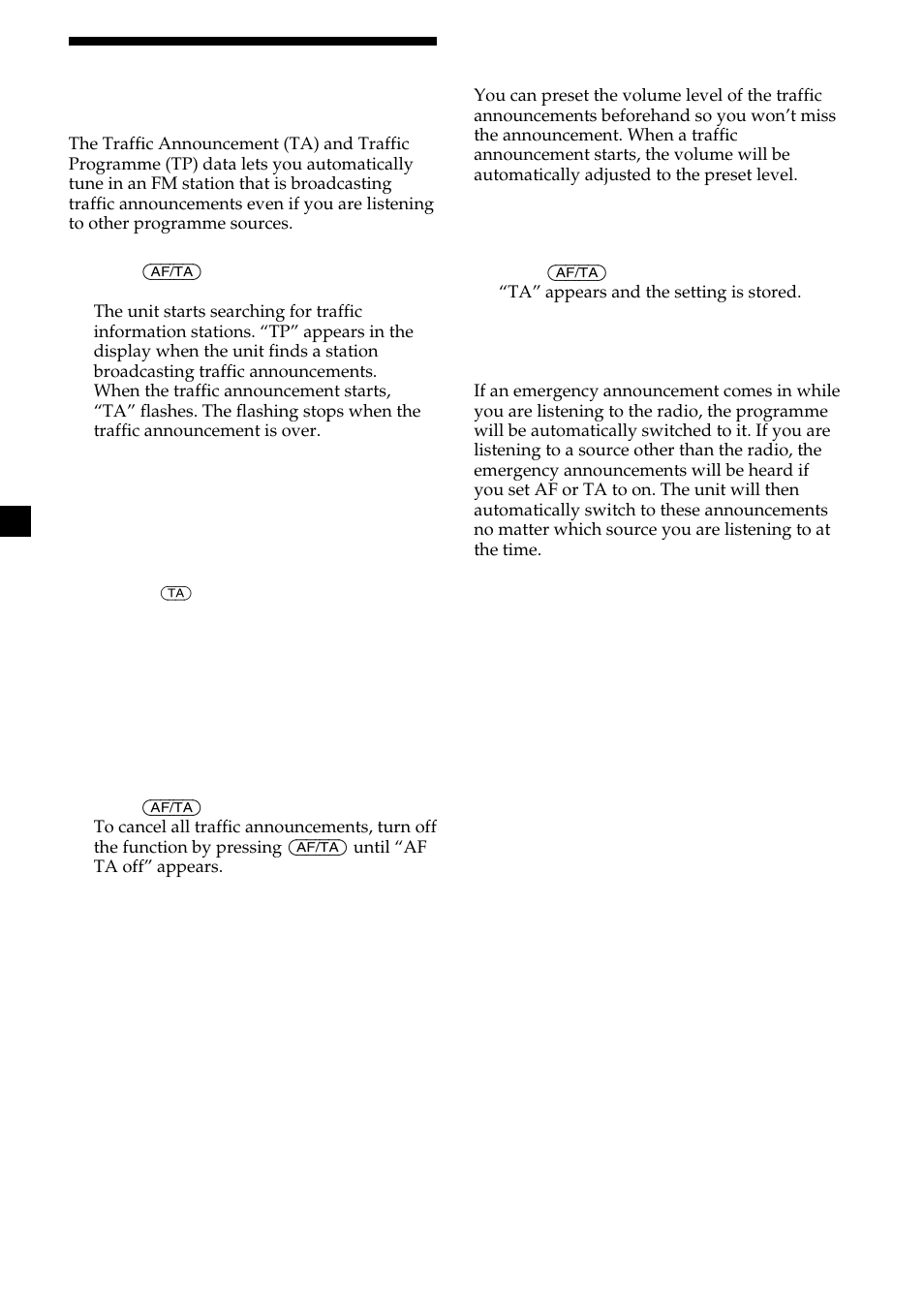 20 listening to traffic announcements | Sony CDX-M700R User Manual | Page 20 / 212