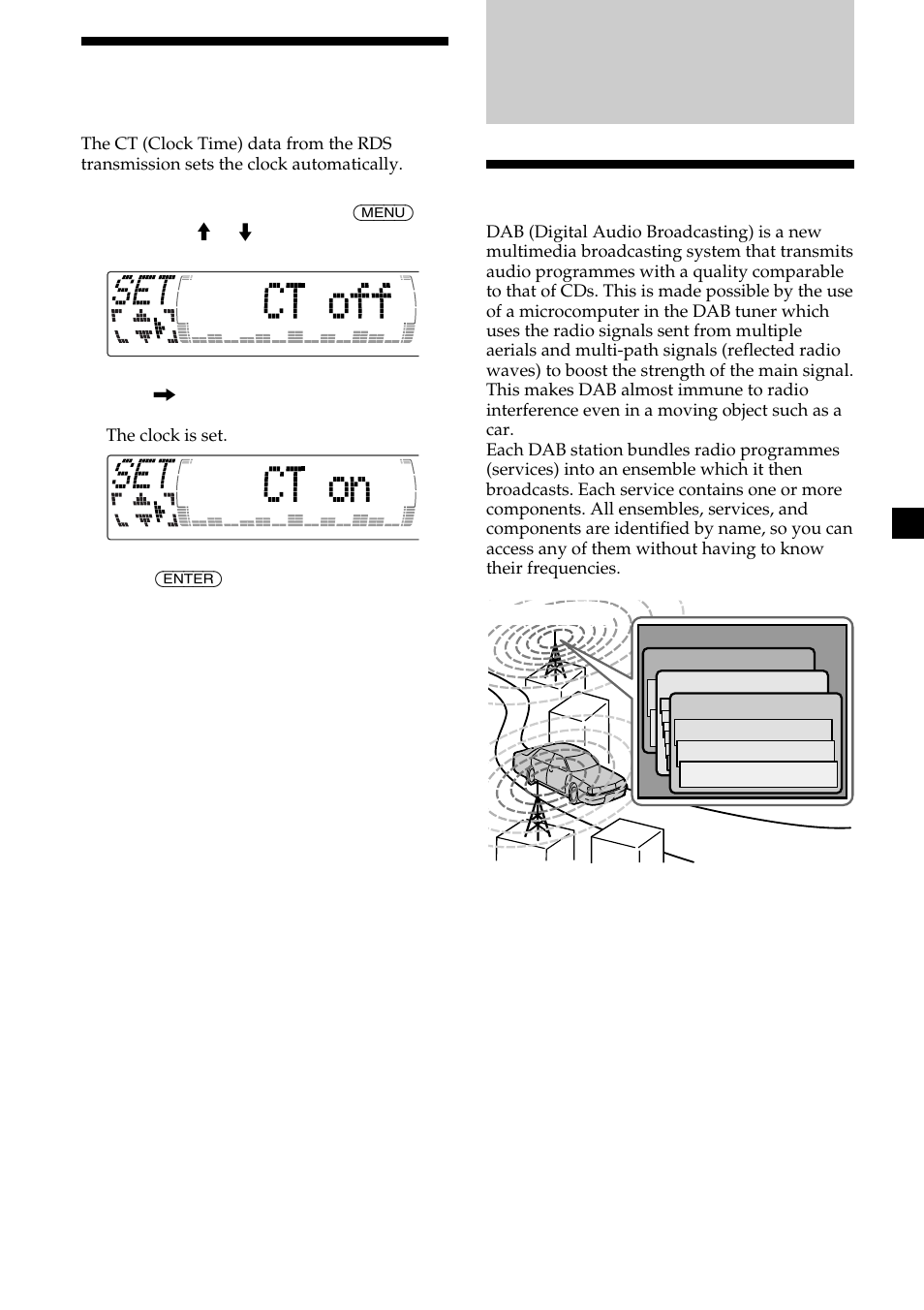 Overview of dab, Setting the clock automatically | Sony CDX-M700R User Manual | Page 23 / 212