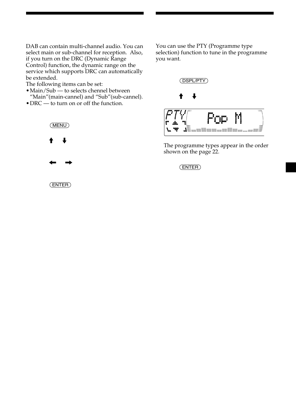 27 settings on the audio reception, Locating a dab service by programme type (pty) | Sony CDX-M700R User Manual | Page 27 / 212