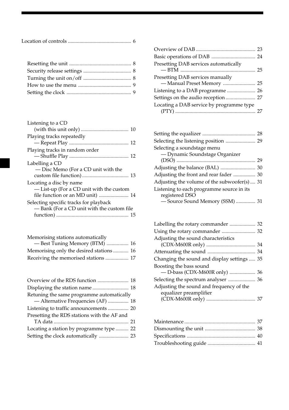 4table of contents, Getting started, Cd player cd/md unit (optional) | Radio, Dsp (cdx-m700r only), Other functions, Additional information | Sony CDX-M700R User Manual | Page 4 / 212