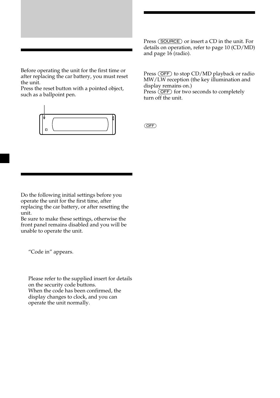 Getting started, 8turning the unit on/off, Resetting the unit | Security release settings | Sony CDX-M700R User Manual | Page 8 / 212