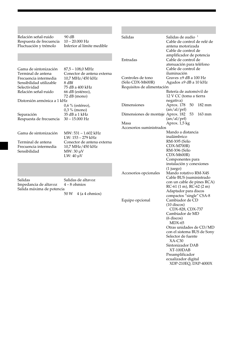 40 especificaciones, Sección del reproductor de cd, Sección del sintonizador | Sección del amplificador de potencia, General | Sony CDX-M700R User Manual | Page 82 / 212