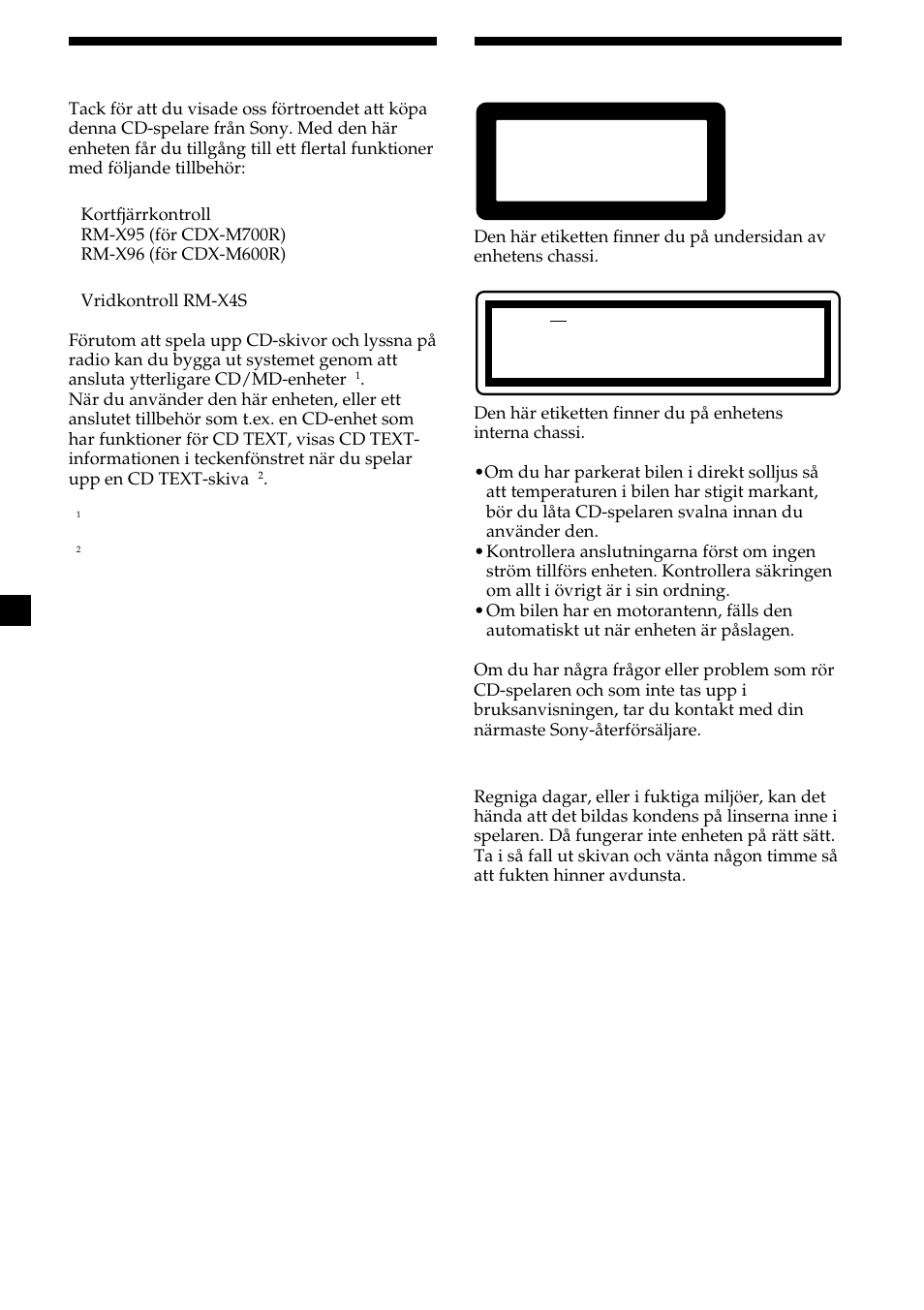 2välkommen, Säkerhetsföreskrifter, Class product laser 1 | Sony CDX-M700R User Manual | Page 86 / 212