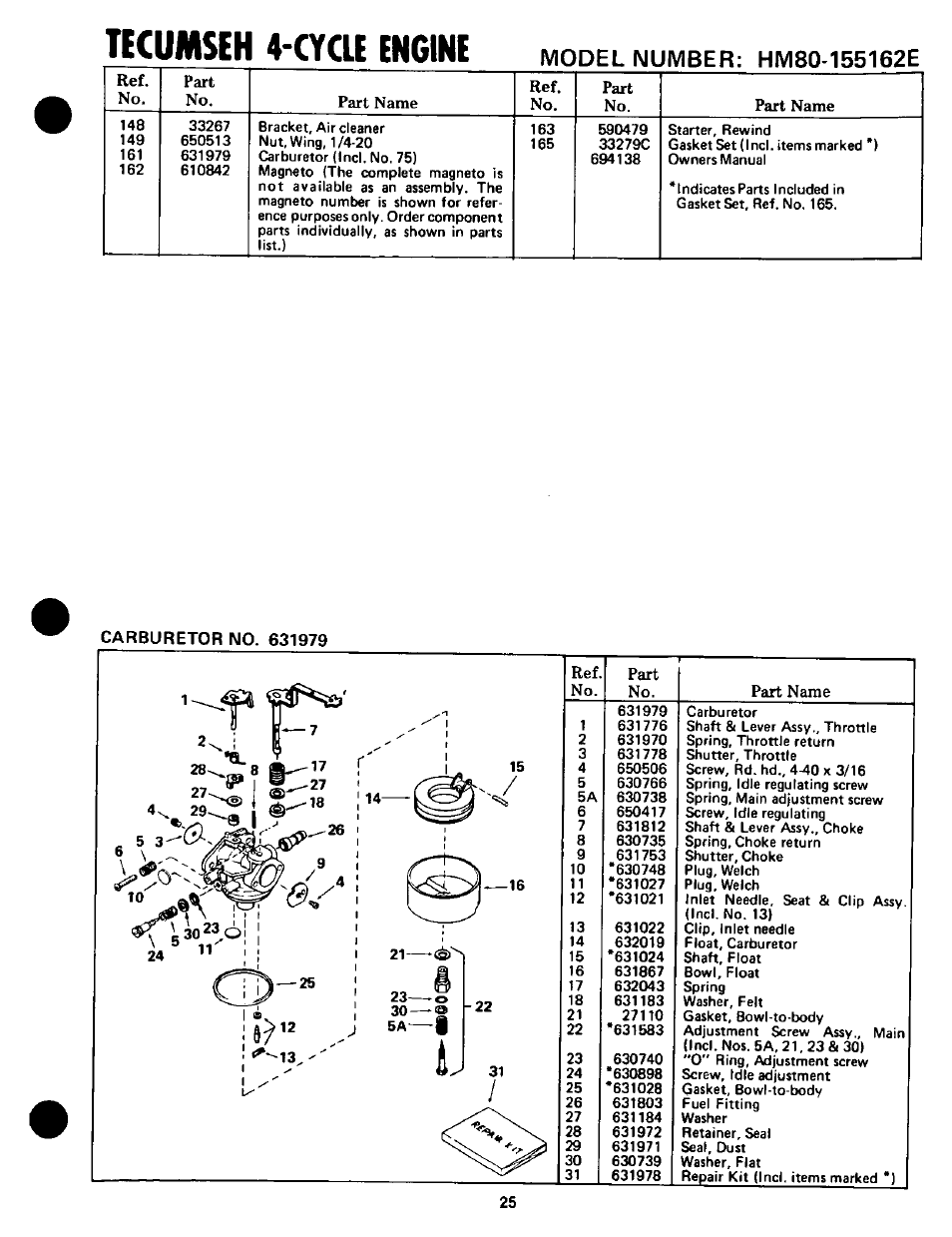 Tkumseh 4-aoe engine, Ref. no. part no, Part name | Craftsman 247.298760 User Manual | Page 25 / 28