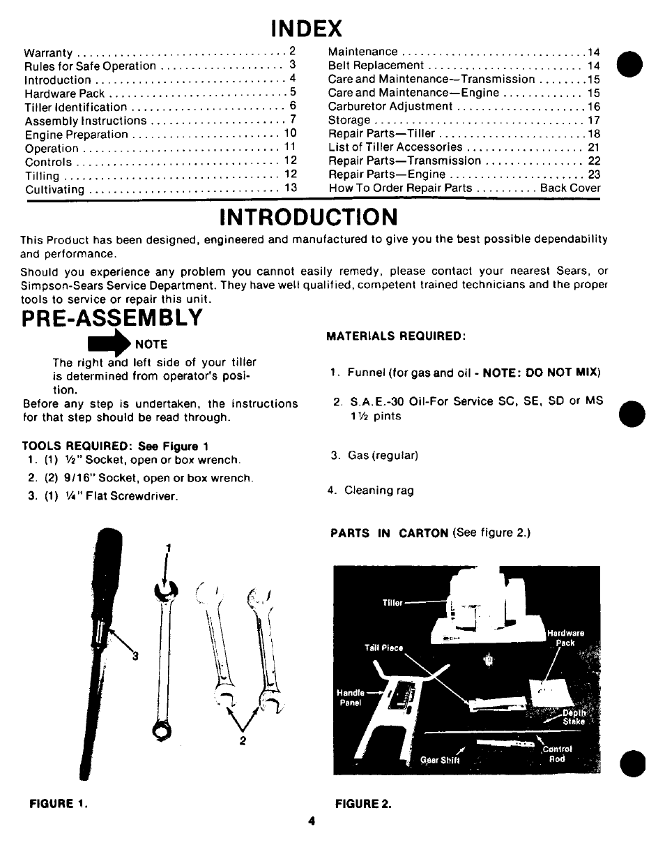 Index, Introduction, Pre-assembly | Craftsman 247.298760 User Manual | Page 4 / 28