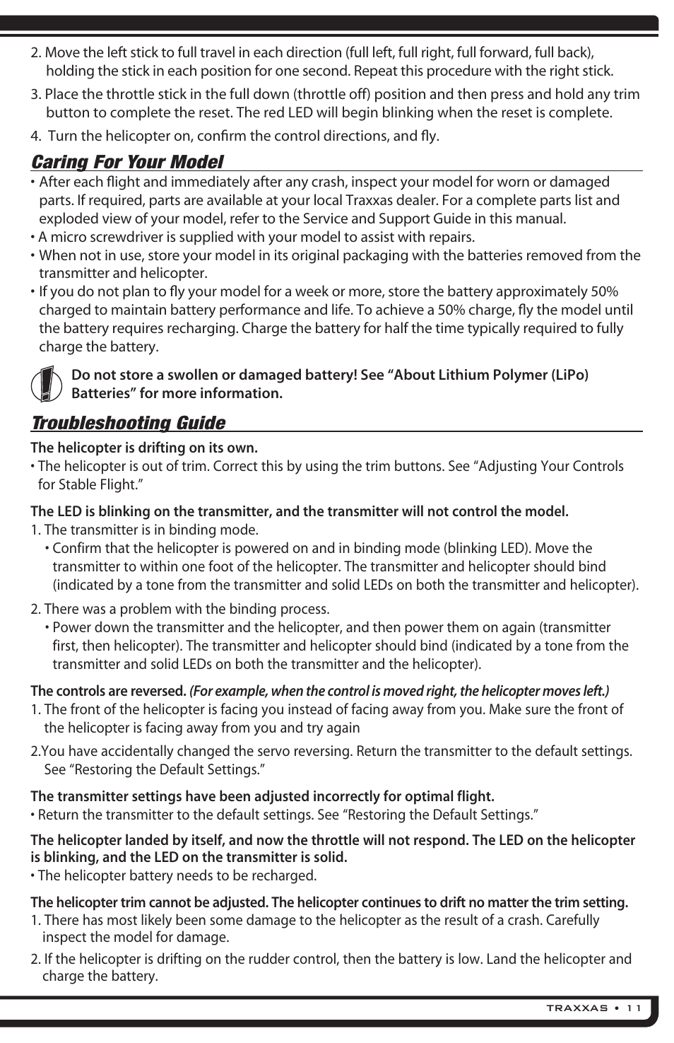 Caring for your model, Troubleshooting guide | Traxxas 6308 (DR-1 Dual Rotor Helicopter) User Manual | Page 11 / 16