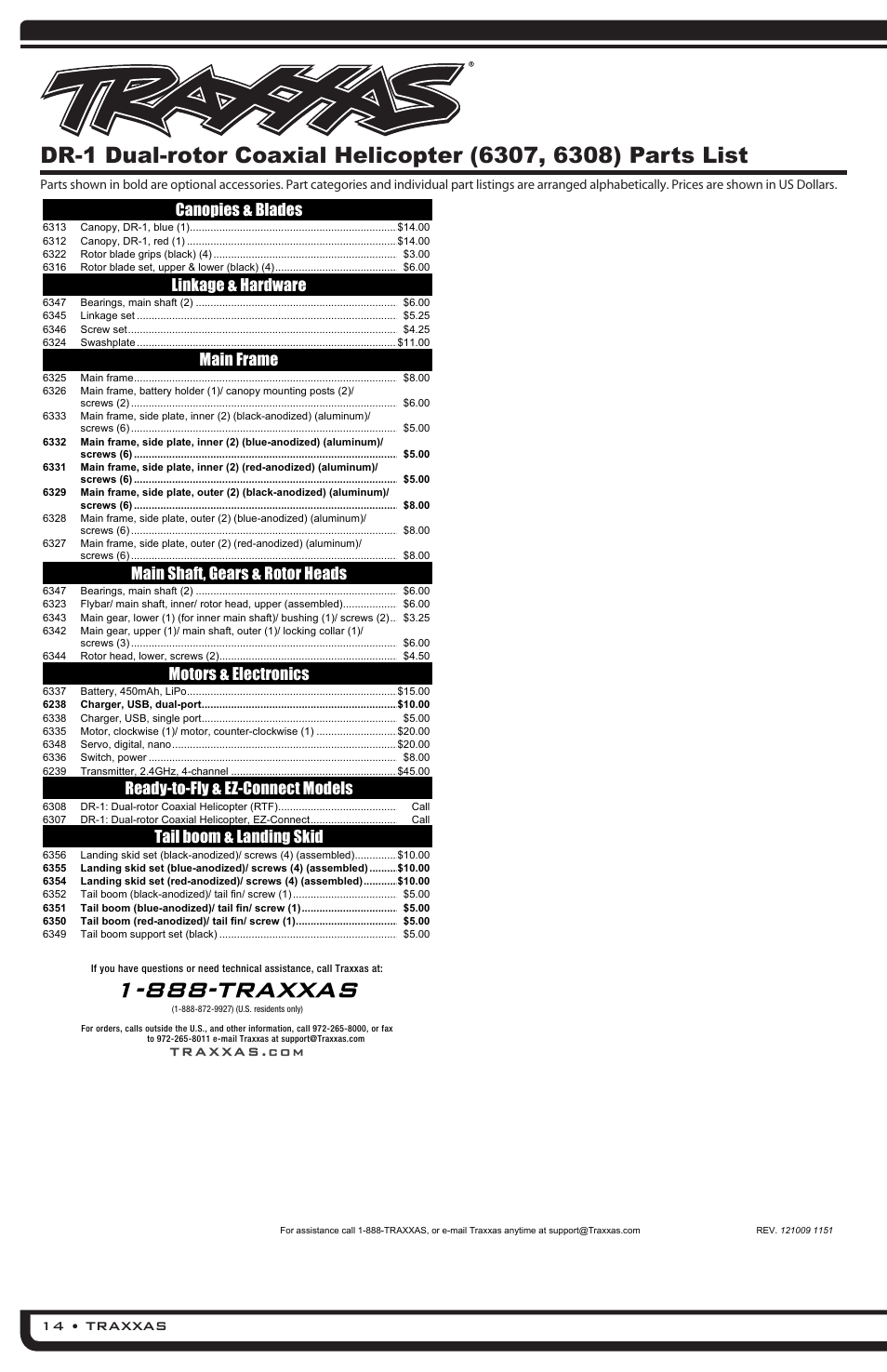 888-traxxas, Canopies & blades, Linkage & hardware | Main frame, Main shaft, gears & rotor heads, Motors & electronics, Ready-to-fly & ez-connect models, Tail boom & landing skid | Traxxas 6308 (DR-1 Dual Rotor Helicopter) User Manual | Page 14 / 16