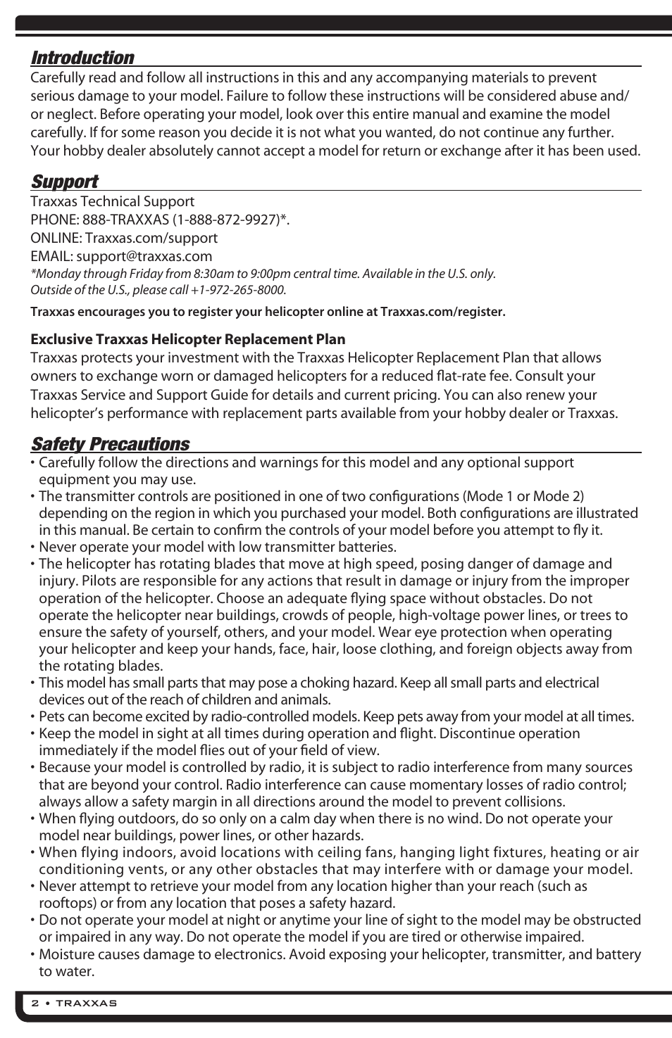 Introduction, Support, Safety precautions | Traxxas 6308 (DR-1 Dual Rotor Helicopter) User Manual | Page 2 / 16