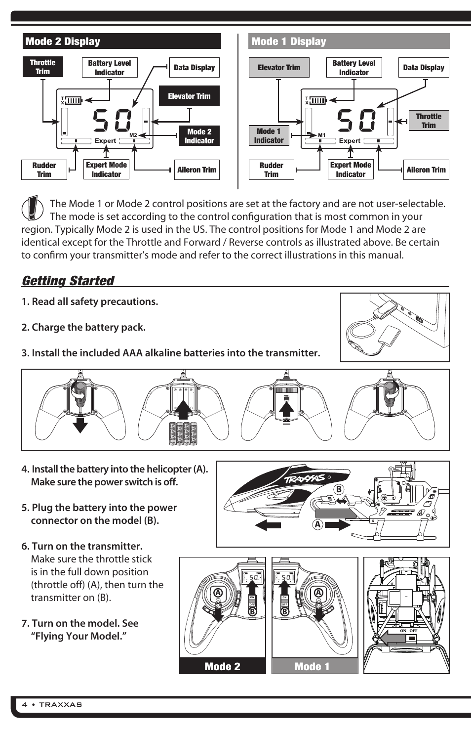 Getting started, Mode 2 display mode 1 display mode 2 mode 1 | Traxxas 6308 (DR-1 Dual Rotor Helicopter) User Manual | Page 4 / 16