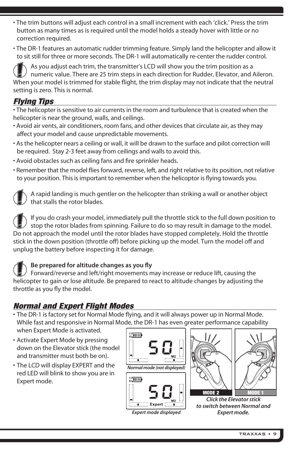 Flying tips, Normal and expert flight modes | Traxxas 6308 (DR-1 Dual Rotor Helicopter) User Manual | Page 9 / 16