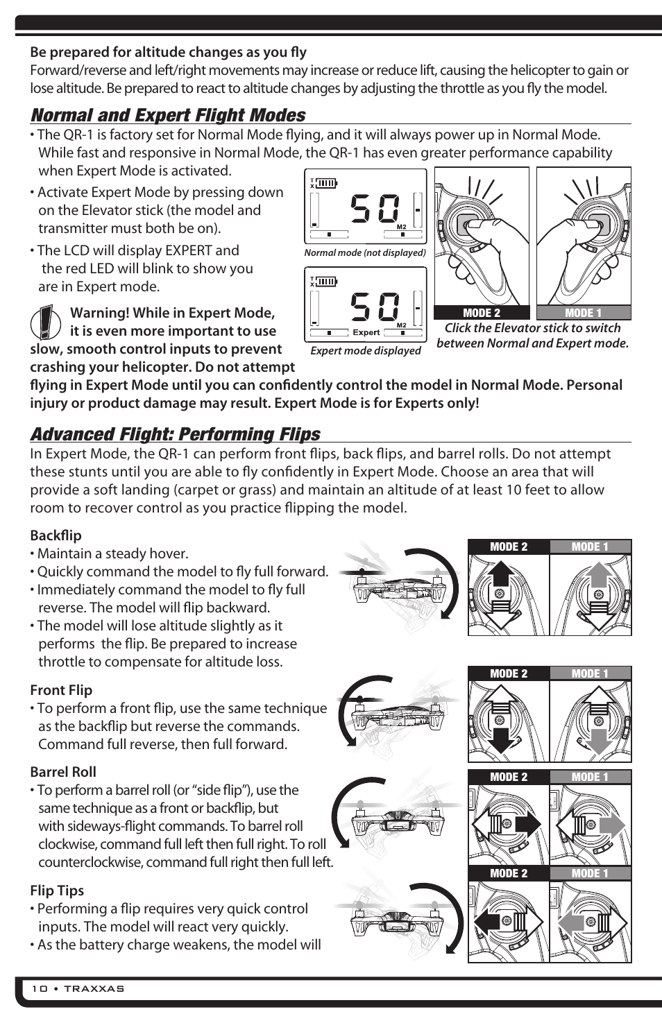 Normal and expert flight modes, Advanced flight: performing flips | Traxxas 6208 (QR-1 Quad Rotor Helicopter) User Manual | Page 10 / 20