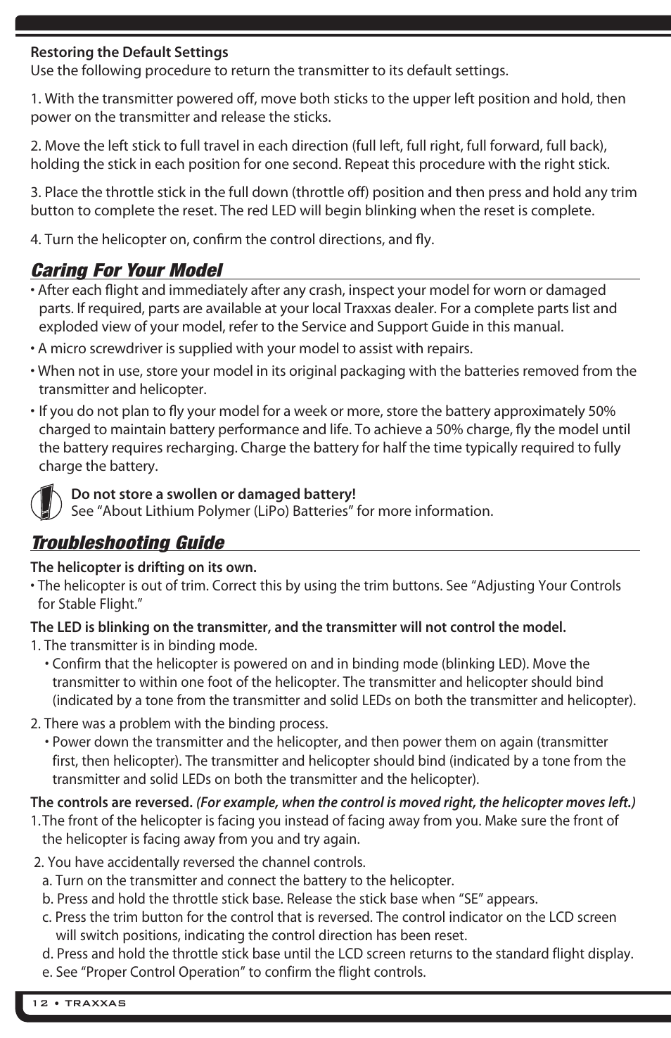 Caring for your model, Troubleshooting guide | Traxxas 6208 (QR-1 Quad Rotor Helicopter) User Manual | Page 12 / 20