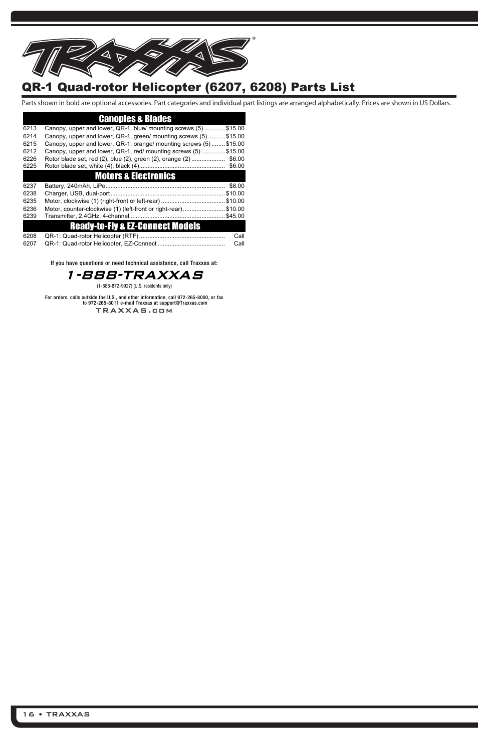 888-traxxas, Canopies & blades, Motors & electronics | Ready-to-fly & ez-connect models | Traxxas 6208 (QR-1 Quad Rotor Helicopter) User Manual | Page 16 / 20