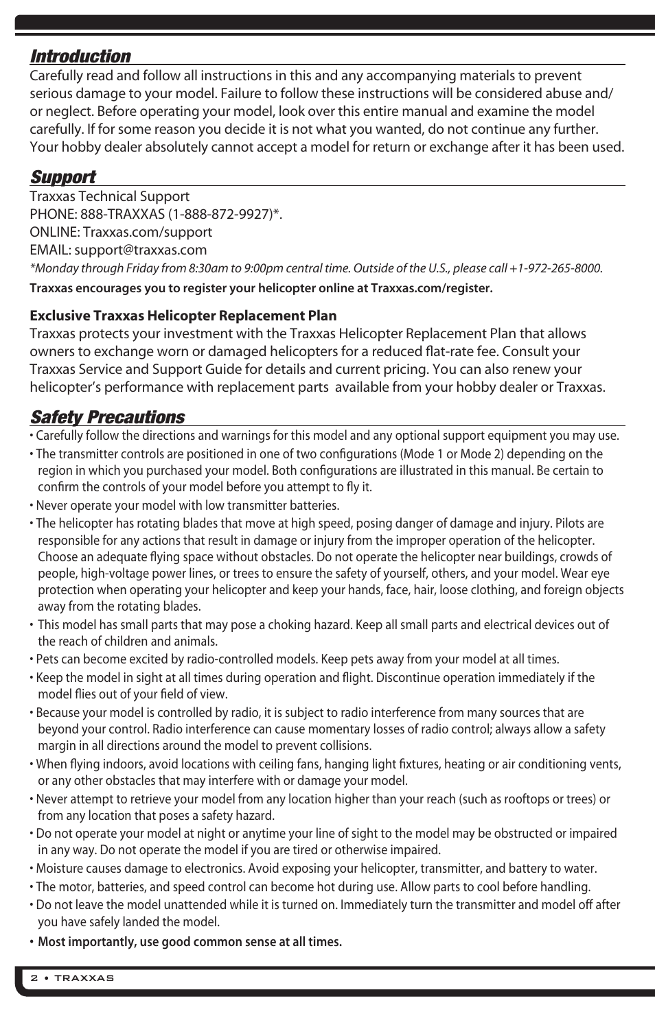 Introduction, Support, Safety precautions | Traxxas 6208 (QR-1 Quad Rotor Helicopter) User Manual | Page 2 / 20