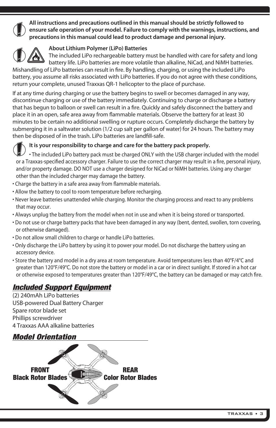 Included support equipment, Model orientation | Traxxas 6208 (QR-1 Quad Rotor Helicopter) User Manual | Page 3 / 20