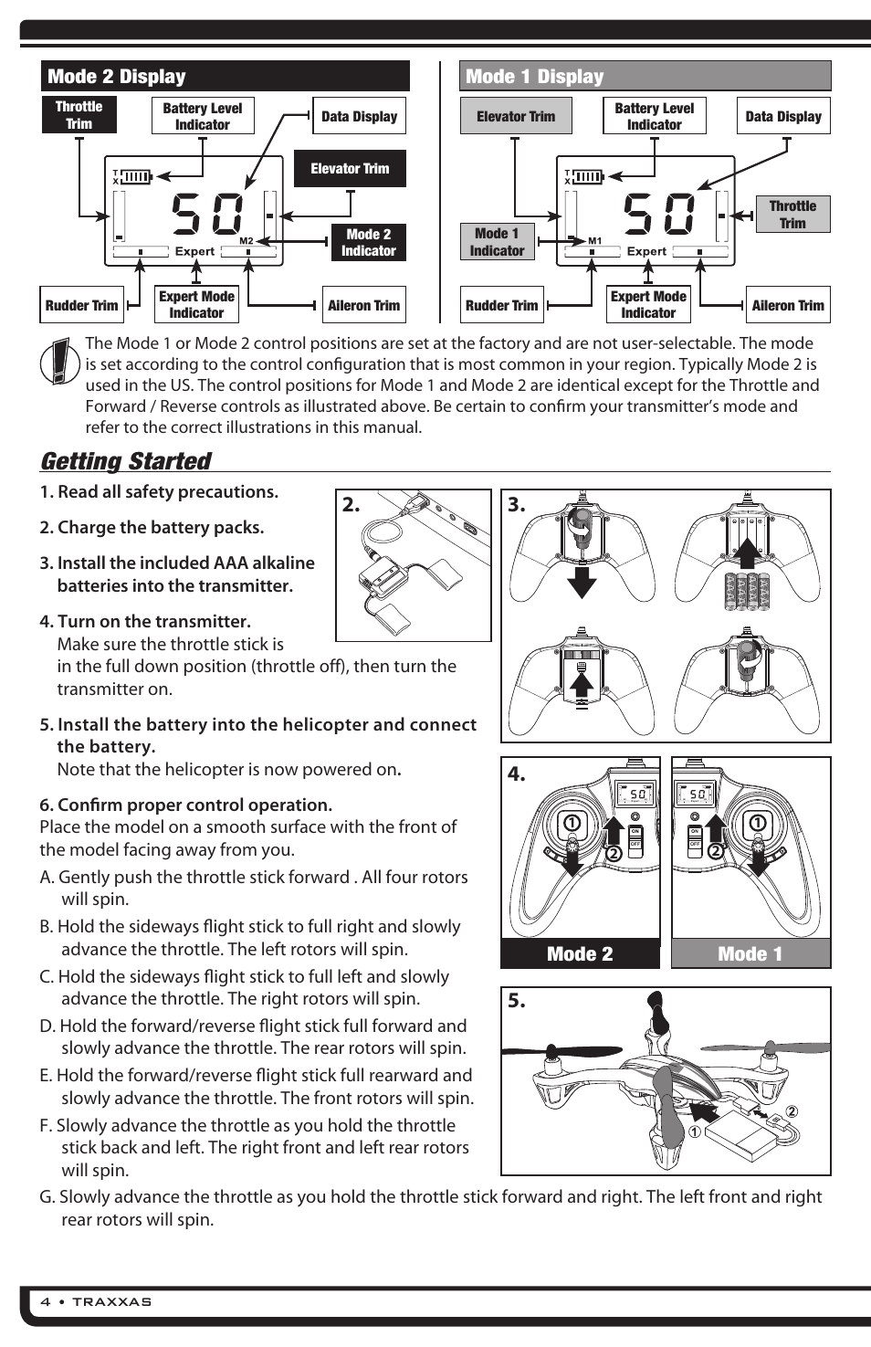 Getting started, Mode 2 display mode 1 display, Mode 2 mode 1 | Traxxas 6208 (QR-1 Quad Rotor Helicopter) User Manual | Page 4 / 20