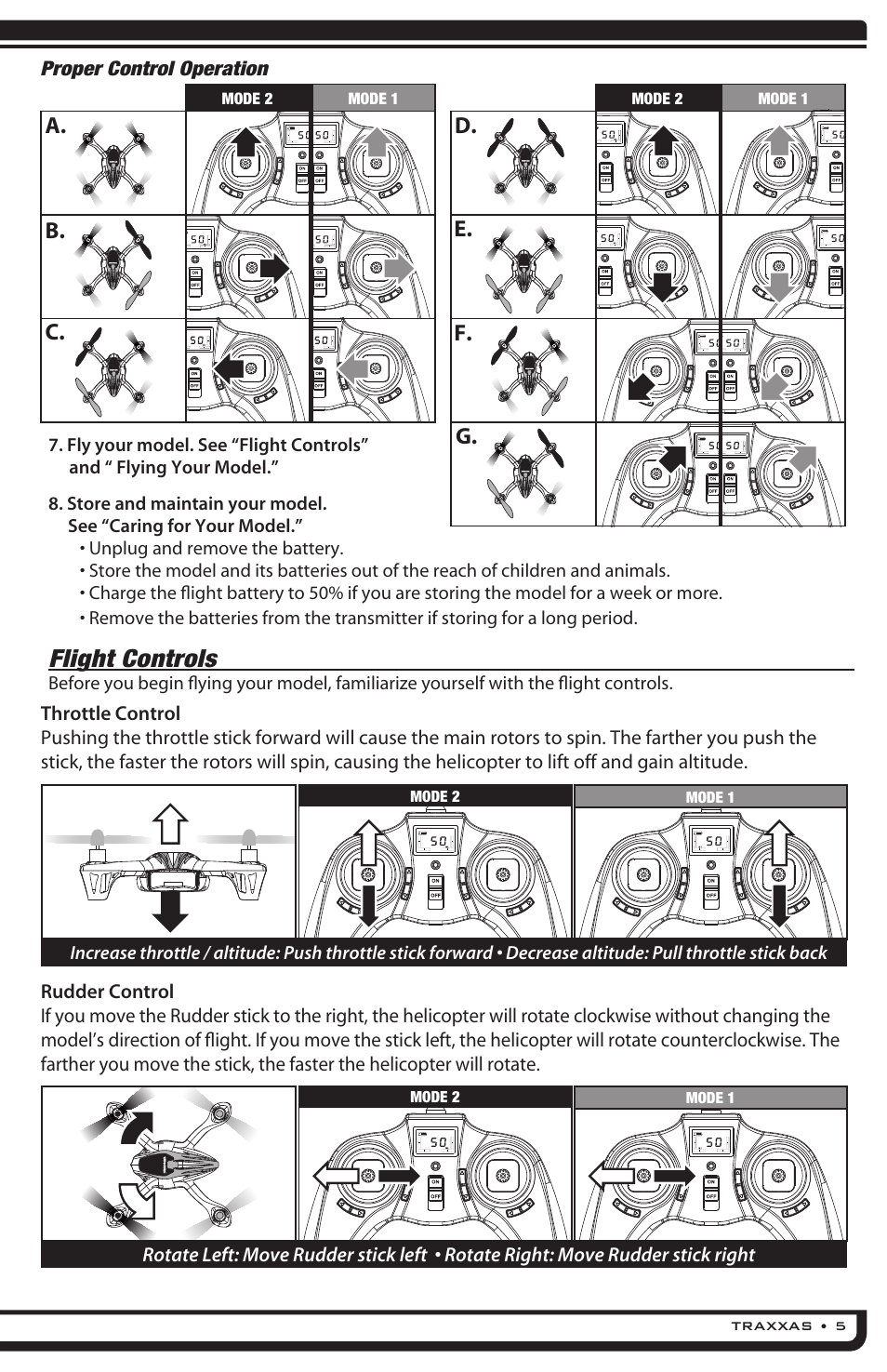 Flight controls, A. e. b. f. c. g. d | Traxxas 6208 (QR-1 Quad Rotor Helicopter) User Manual | Page 5 / 20