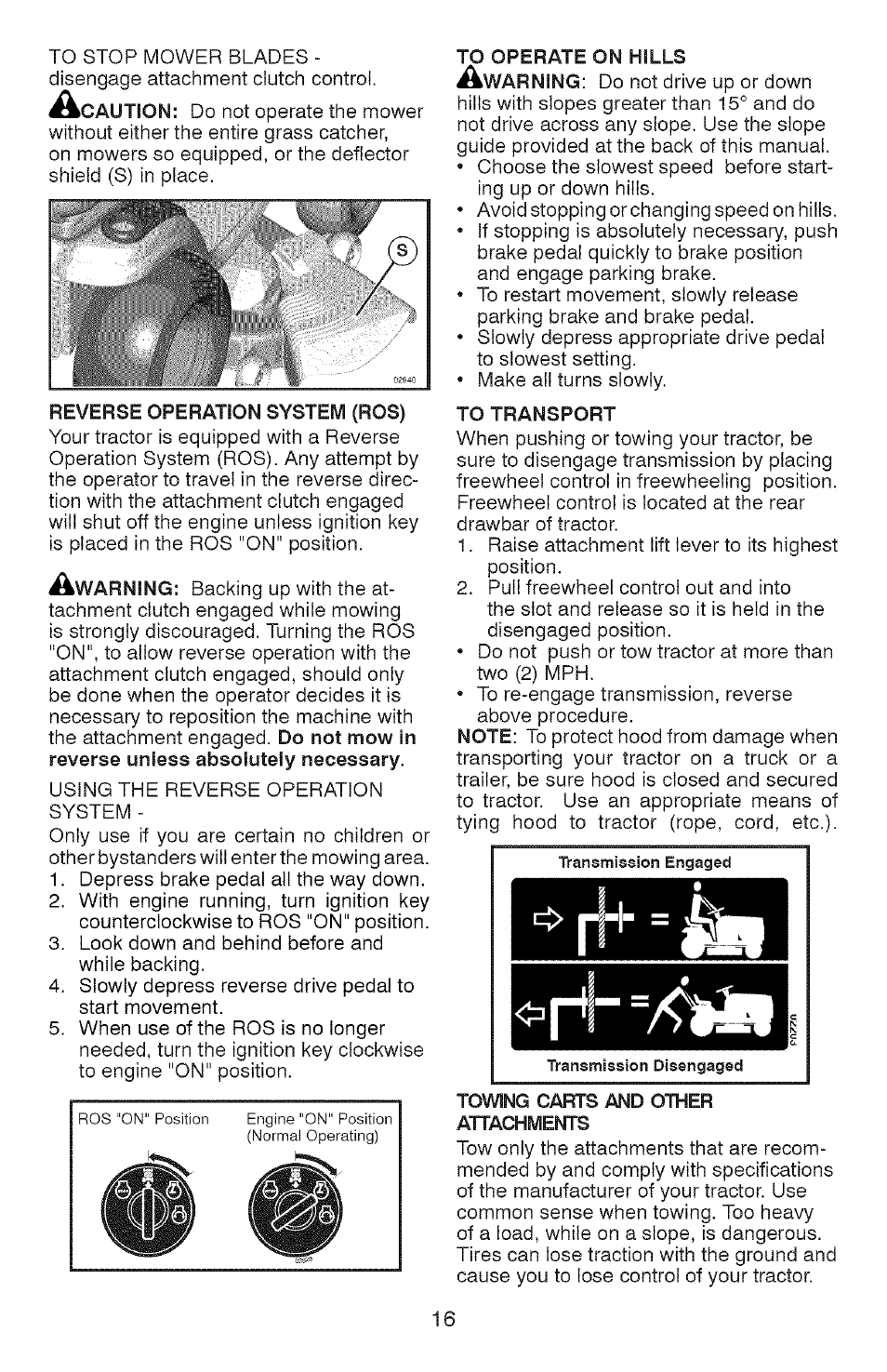 Reverse operation system (ros), To transport | Craftsman YS 4500 917.28990 User Manual | Page 16 / 68