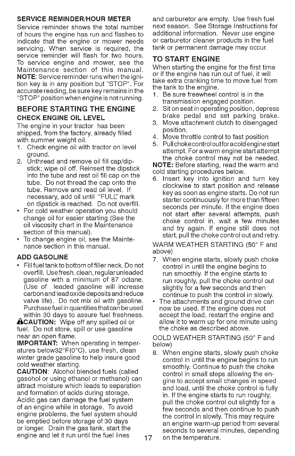 Service reminder/hour meter, Before starting the engine check engine oil level, Add gasoline | To start engine | Craftsman YS 4500 917.28990 User Manual | Page 17 / 68