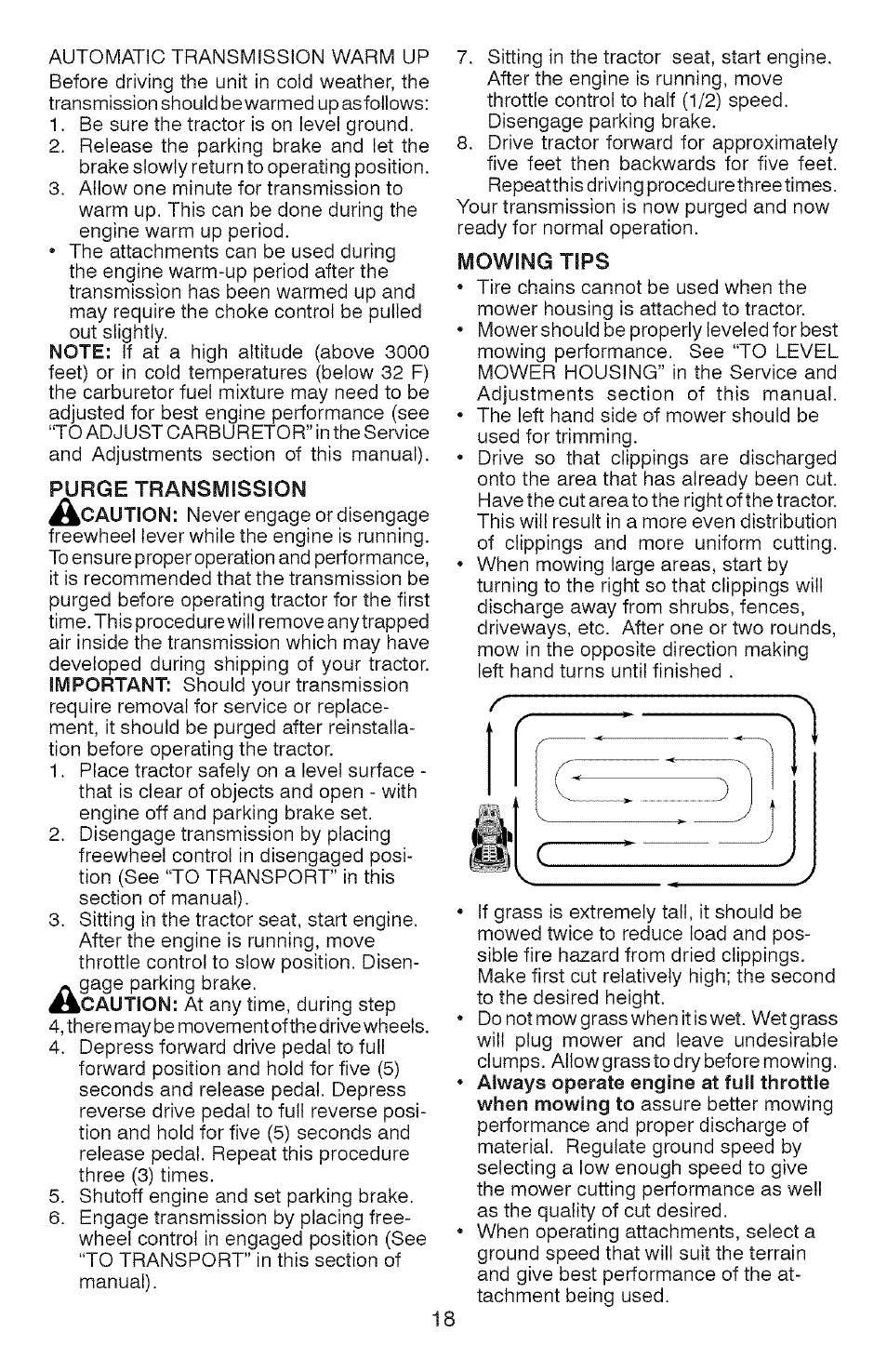 Purge transmission, Mowing tips | Craftsman YS 4500 917.28990 User Manual | Page 18 / 68