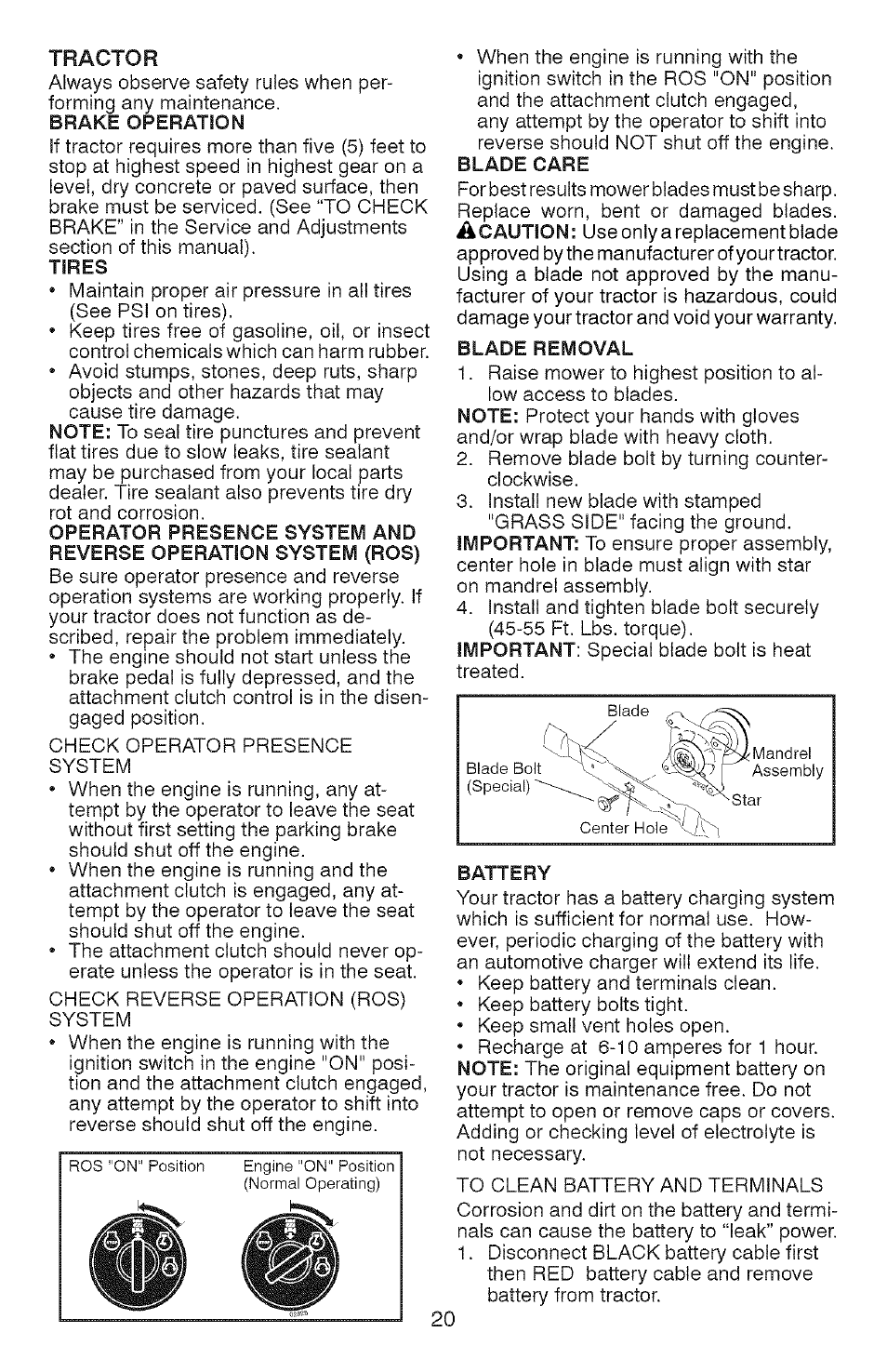 Brake operation, Tires, Blade removal | Battery | Craftsman YS 4500 917.28990 User Manual | Page 20 / 68