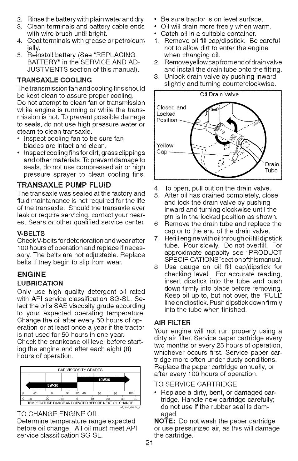 Transaxle cooling, Transaxle pump fluid, V-belts | Engine, Lubrication, Air filter | Craftsman YS 4500 917.28990 User Manual | Page 21 / 68