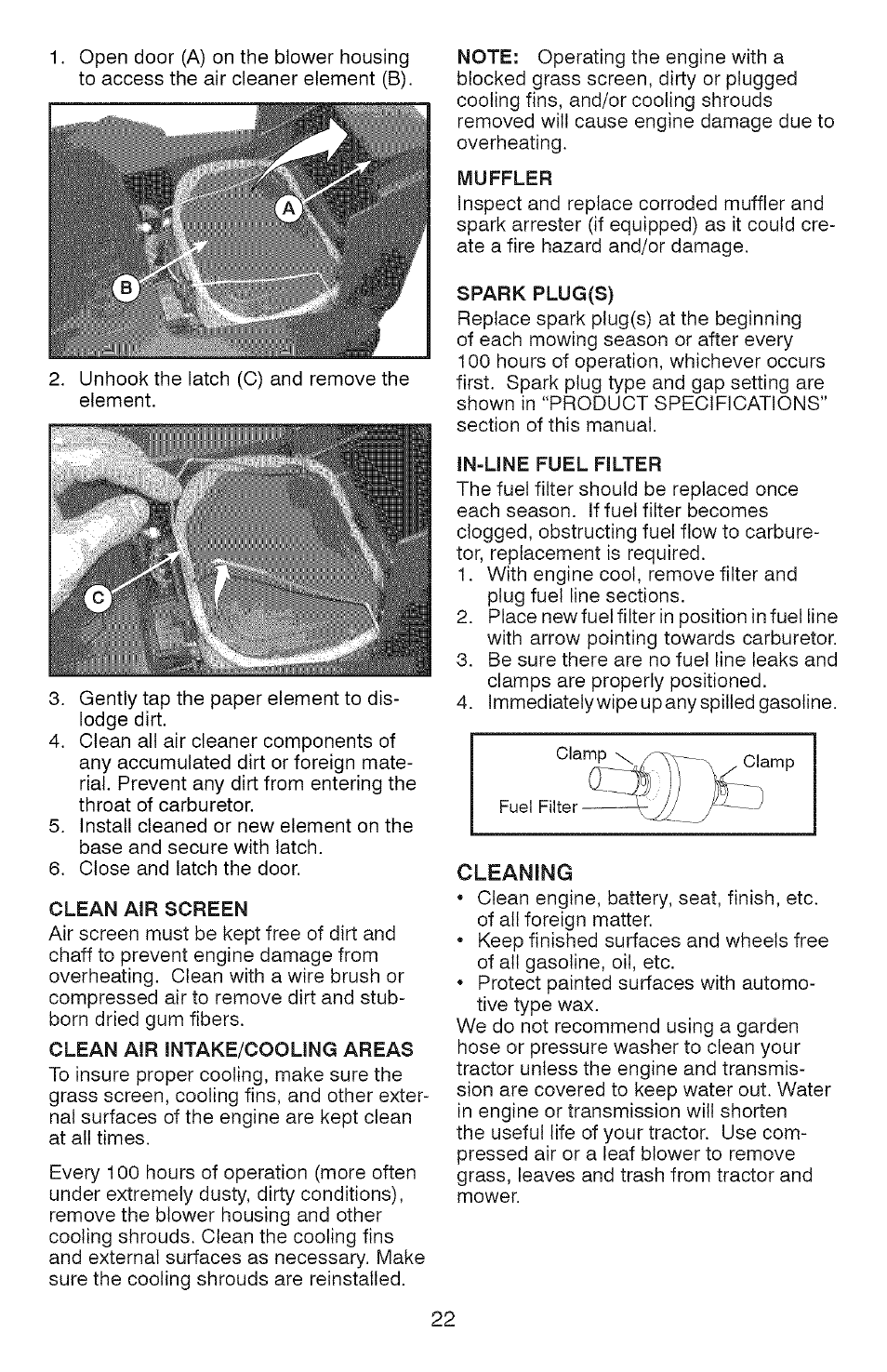 Clean air intake/cooling areas, Muffler, Spark plug(s) | In-line fuel filter, Cleaning | Craftsman YS 4500 917.28990 User Manual | Page 22 / 68