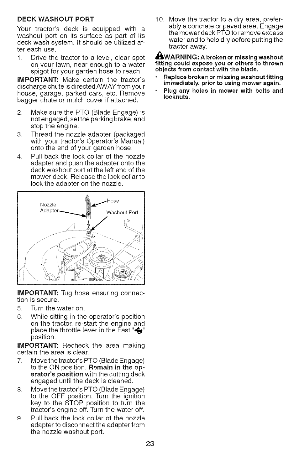 Deck washout port | Craftsman YS 4500 917.28990 User Manual | Page 23 / 68