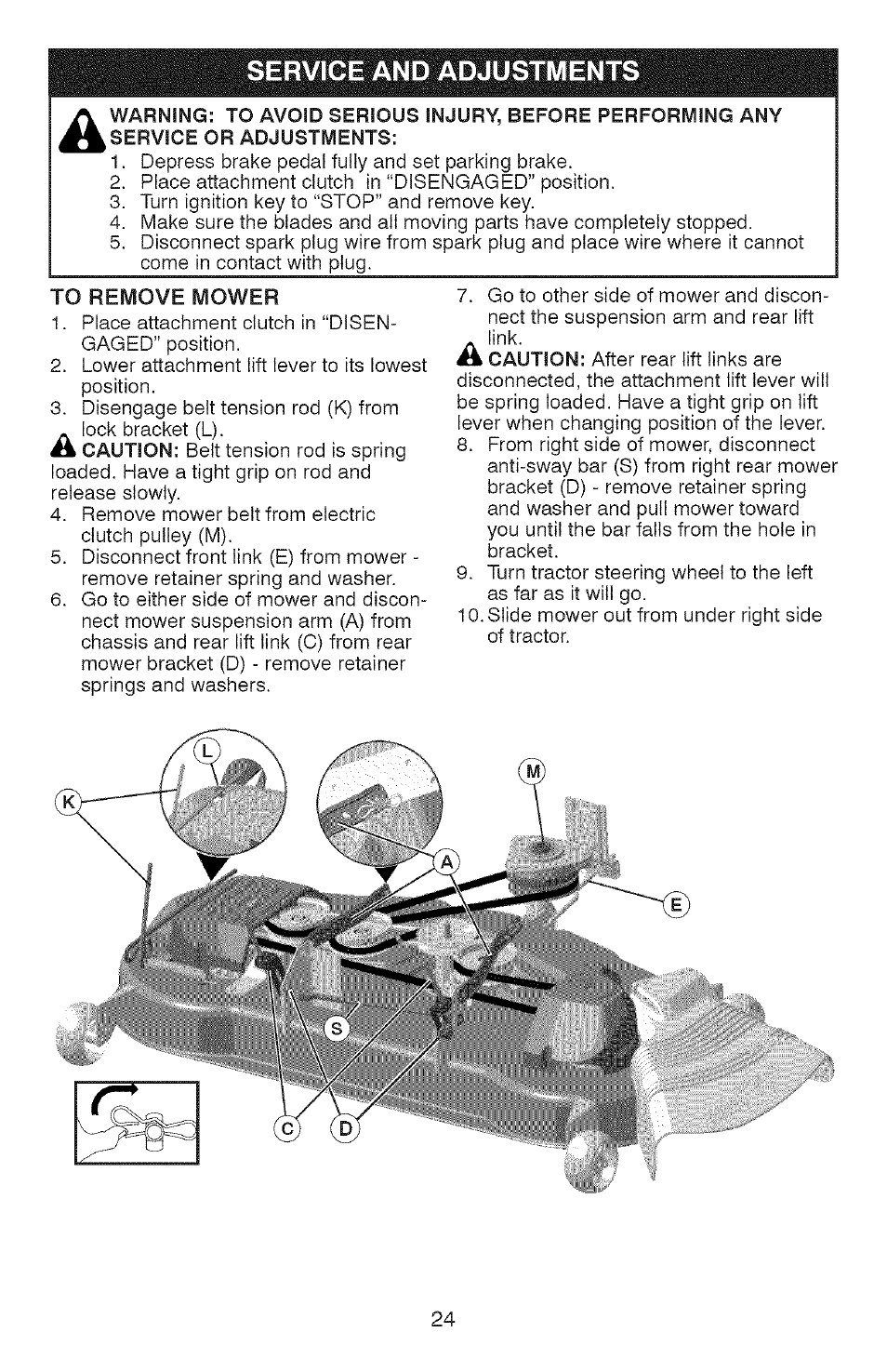 To remove mower, Service and adjustments | Craftsman YS 4500 917.28990 User Manual | Page 24 / 68