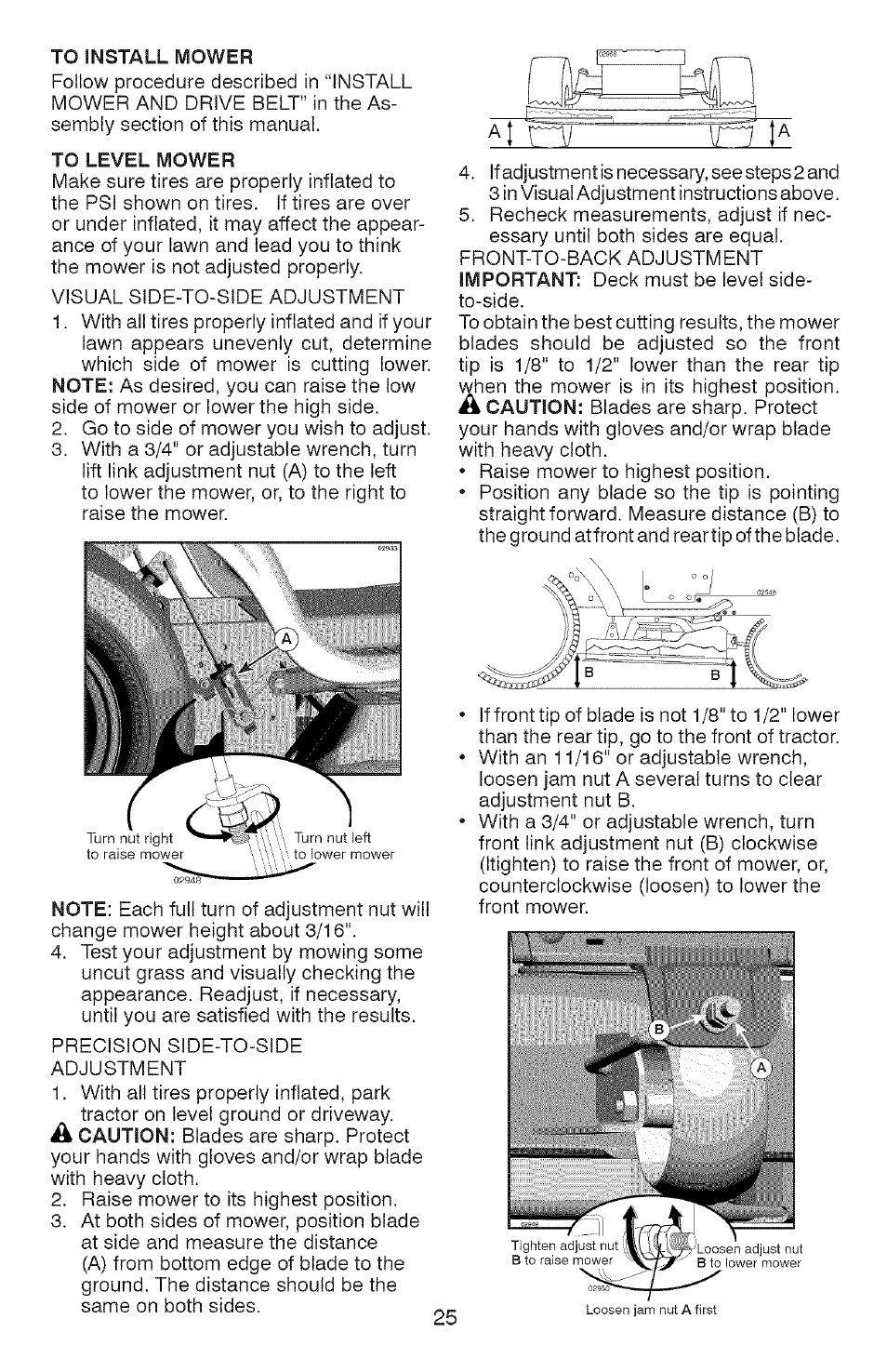 To install mower, To level mower | Craftsman YS 4500 917.28990 User Manual | Page 25 / 68