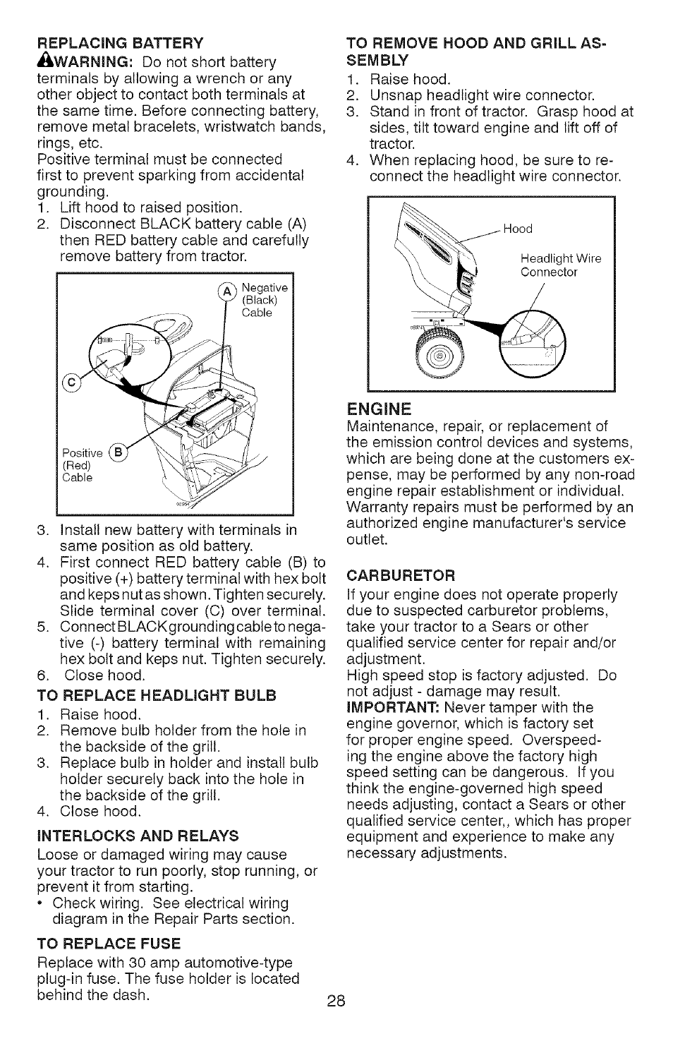 To remove hood and grill assembly, To replace headlight bulb, Interlocks and relays | To replace fuse, Engine, Carburetor | Craftsman YS 4500 917.28990 User Manual | Page 28 / 68