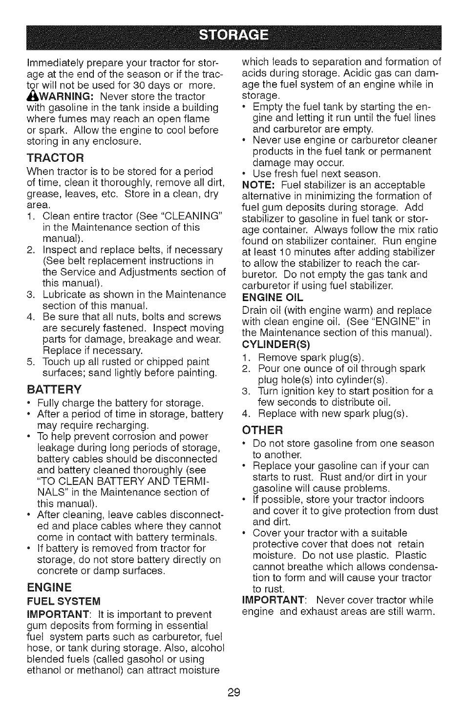 Storage, Tractor, Battery | Engine oil, Other | Craftsman YS 4500 917.28990 User Manual | Page 29 / 68