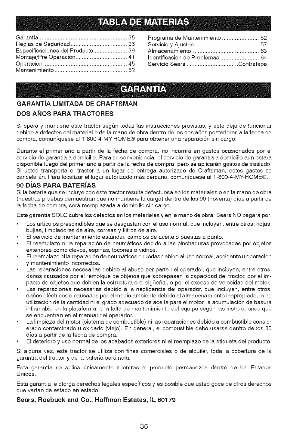 90 días para baterías, Tabla de materias, Garantía | Craftsman YS 4500 917.28990 User Manual | Page 35 / 68