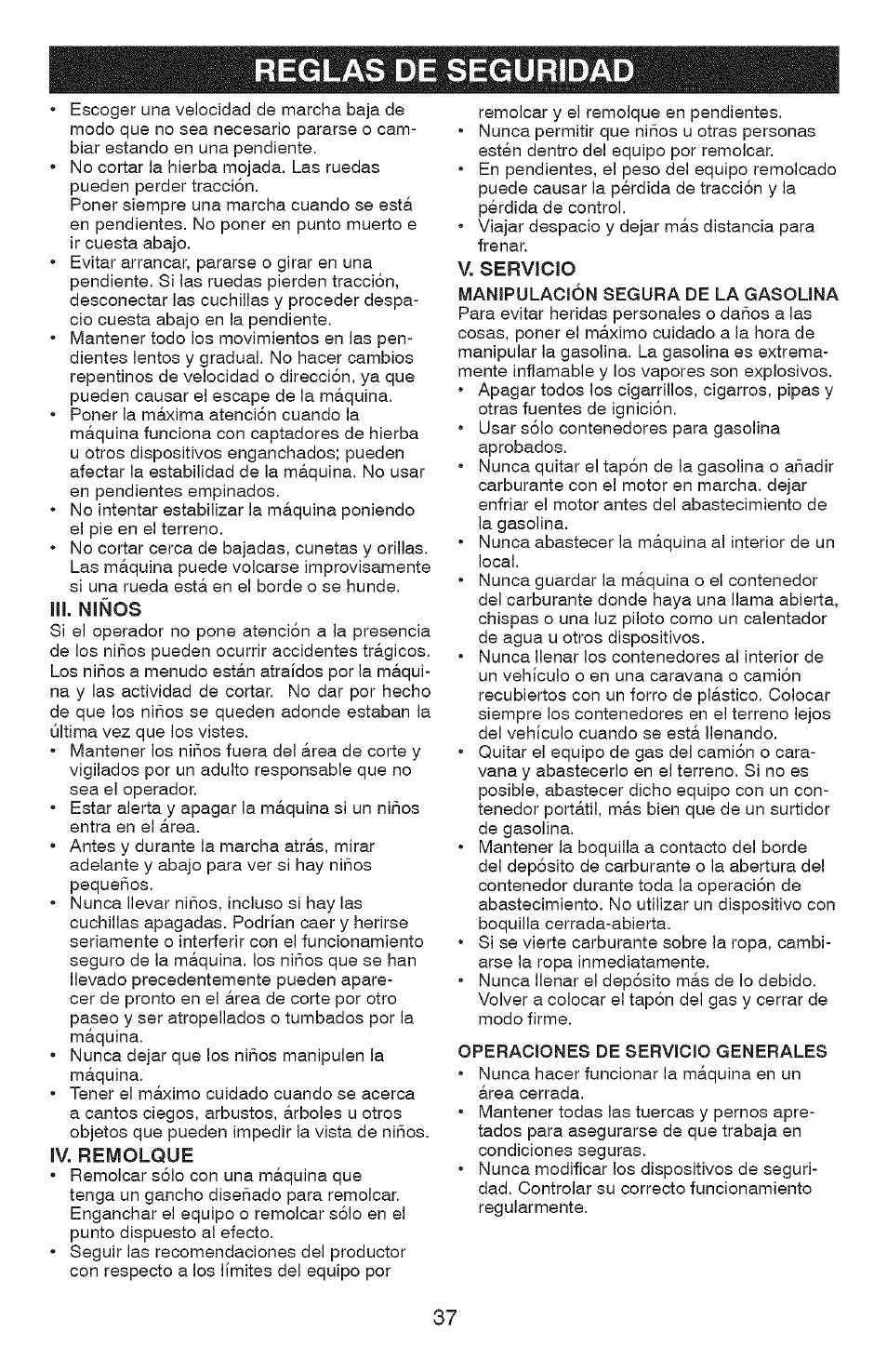 Iii. niños, Iv. remolque, V. servicio | Reglas de seguridad | Craftsman YS 4500 917.28990 User Manual | Page 37 / 68