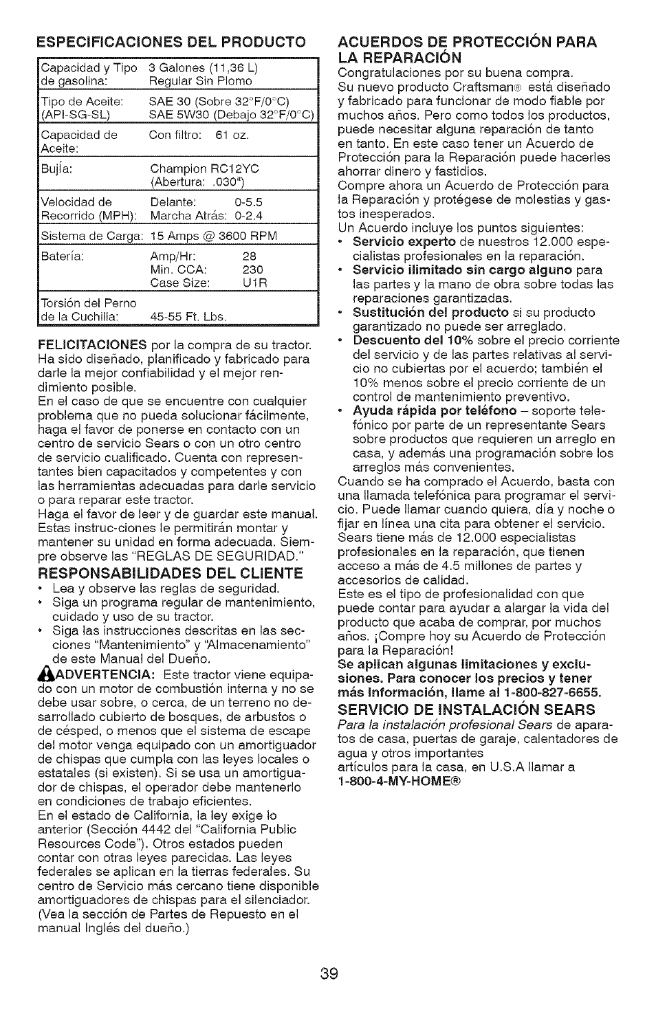 Especificaciones del producto, Acuerdos de protección para la reparación | Craftsman YS 4500 917.28990 User Manual | Page 39 / 68