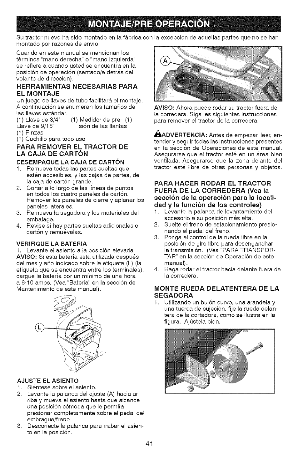Monte rueda delatentera de la segadora, Montaje/pre operacion | Craftsman YS 4500 917.28990 User Manual | Page 41 / 68