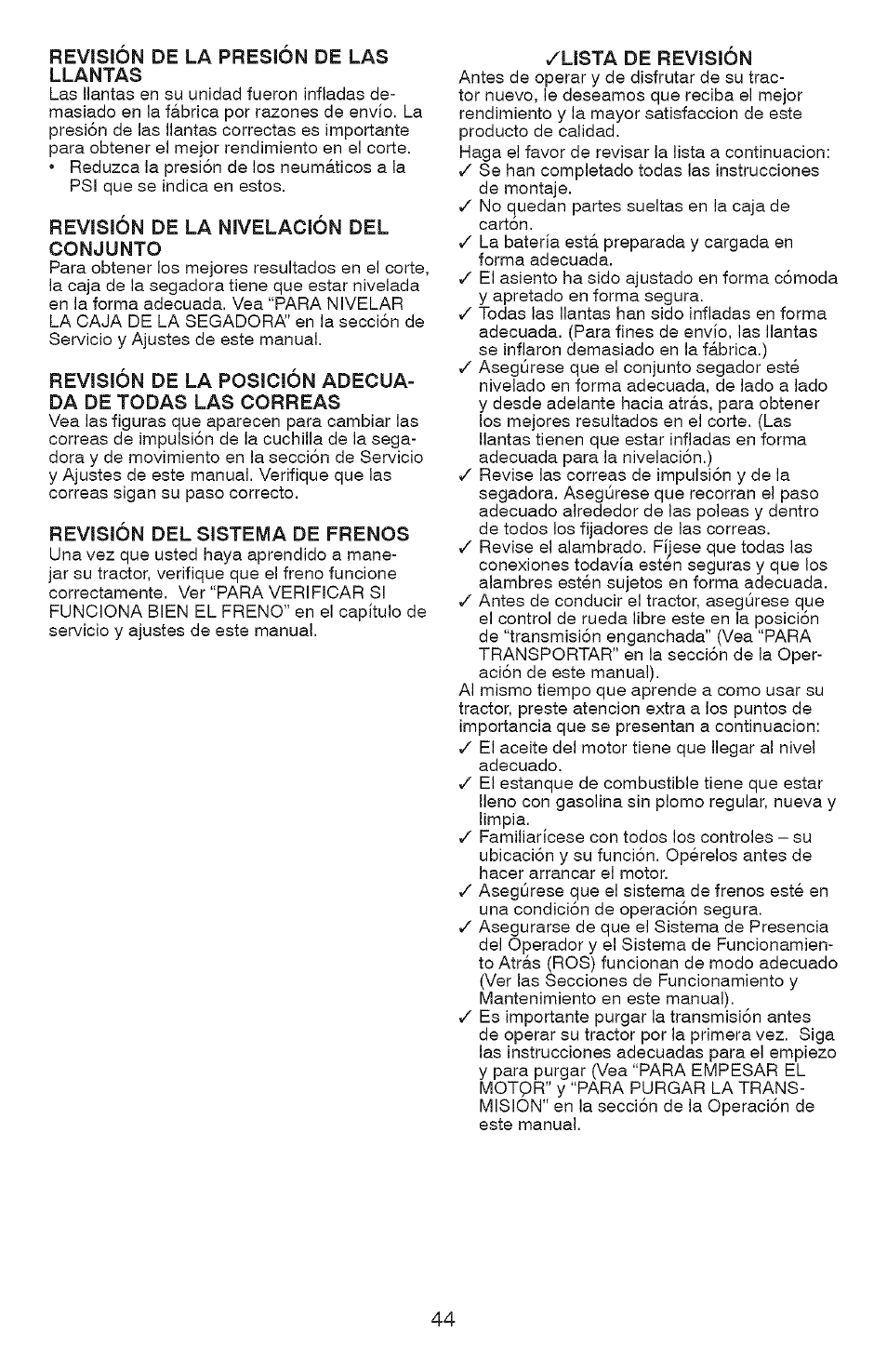 Revisión de la presión de las llantas, Revisión de la nivelación del conjunto, Revisión del sistema de frenos | Craftsman YS 4500 917.28990 User Manual | Page 44 / 68