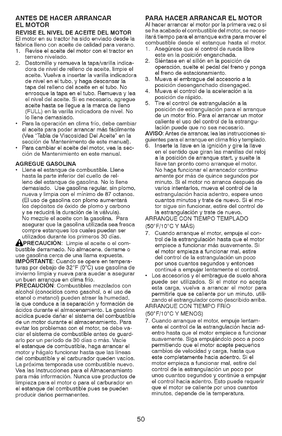 Antes de hacer arrancar el motor, Para hacer arrancar el motor | Craftsman YS 4500 917.28990 User Manual | Page 50 / 68