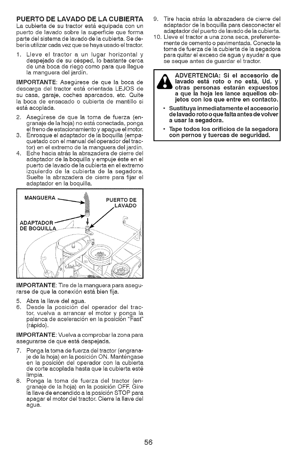 Puerto de lavado de la cubierta | Craftsman YS 4500 917.28990 User Manual | Page 56 / 68