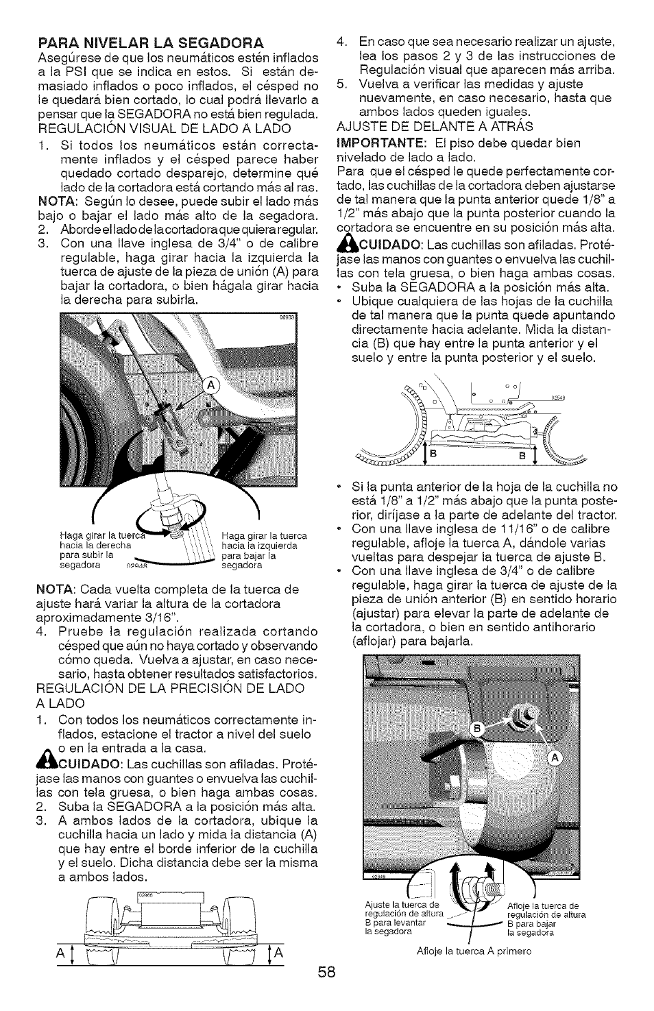 Para nivelar la segadora | Craftsman YS 4500 917.28990 User Manual | Page 58 / 68