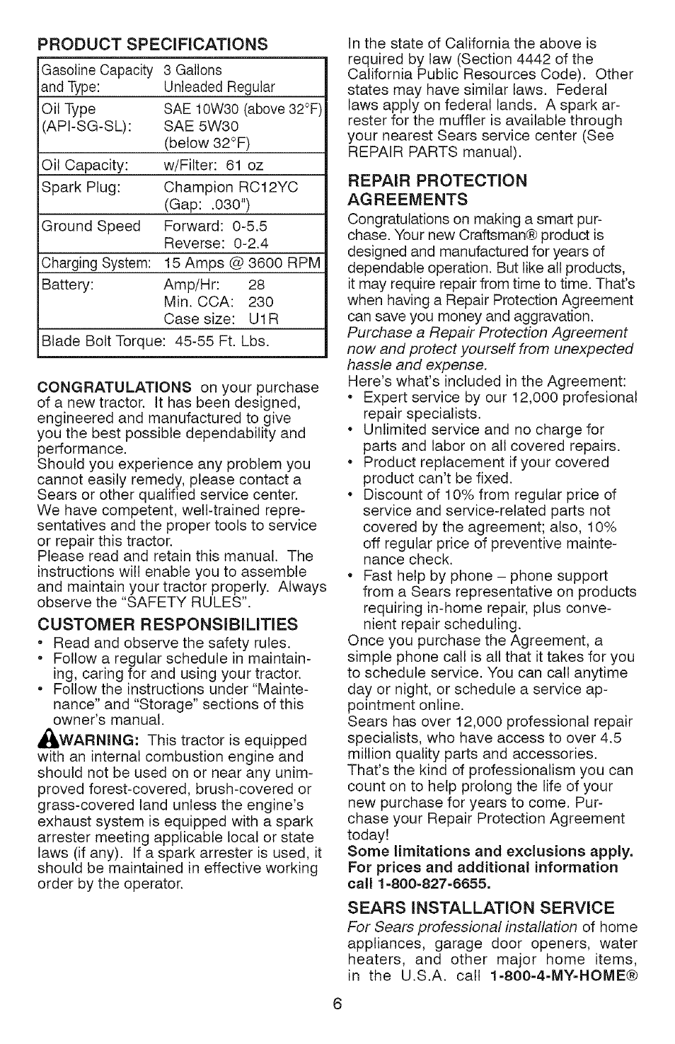 Customer responsibilities, Repair protection agreements, Sears installation service | Craftsman YS 4500 917.28990 User Manual | Page 6 / 68